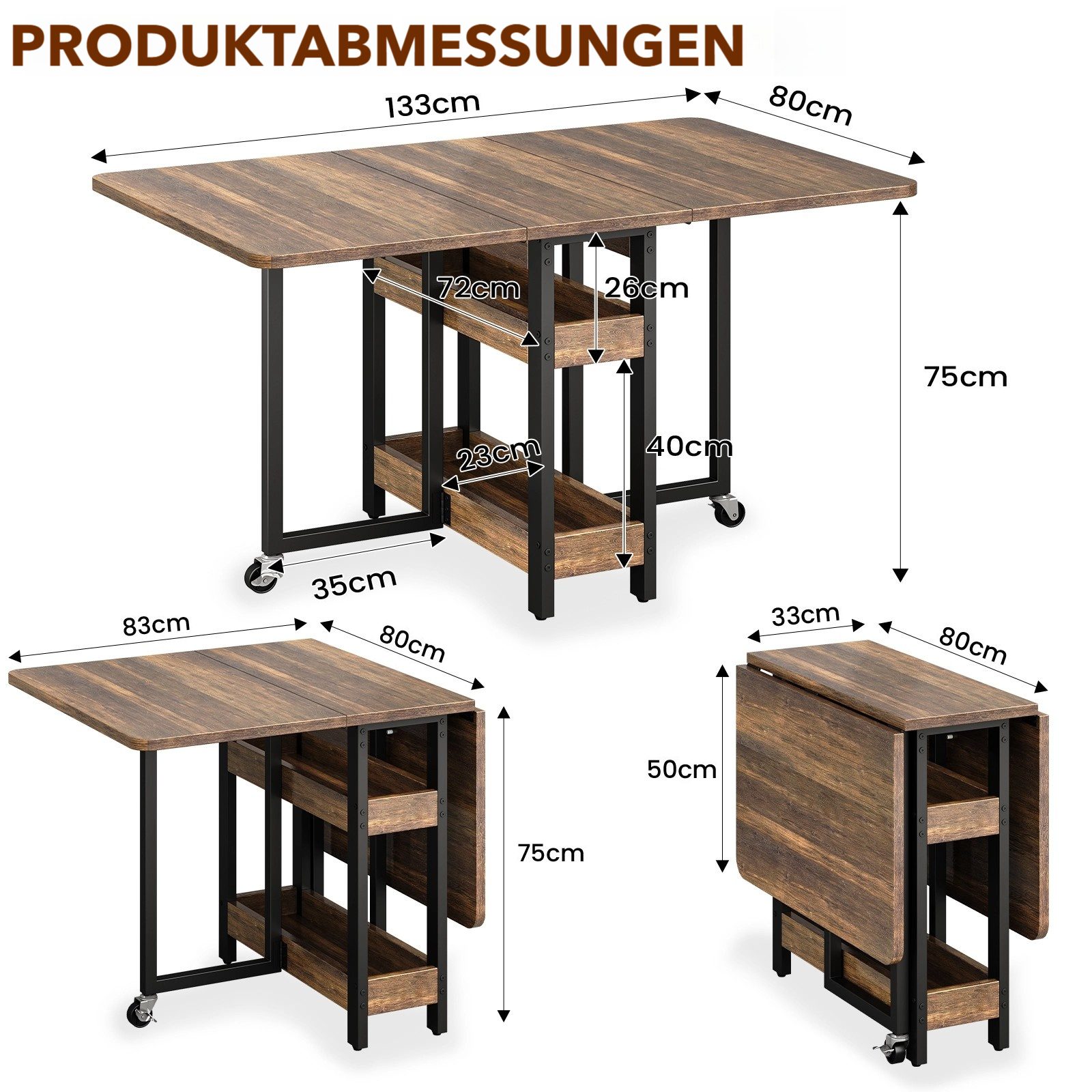 TLGREEN Esstisch ausziehbar 33-133 cm mit offene Ablagen,klappbarer Küchentisch, für 1-6 Personen