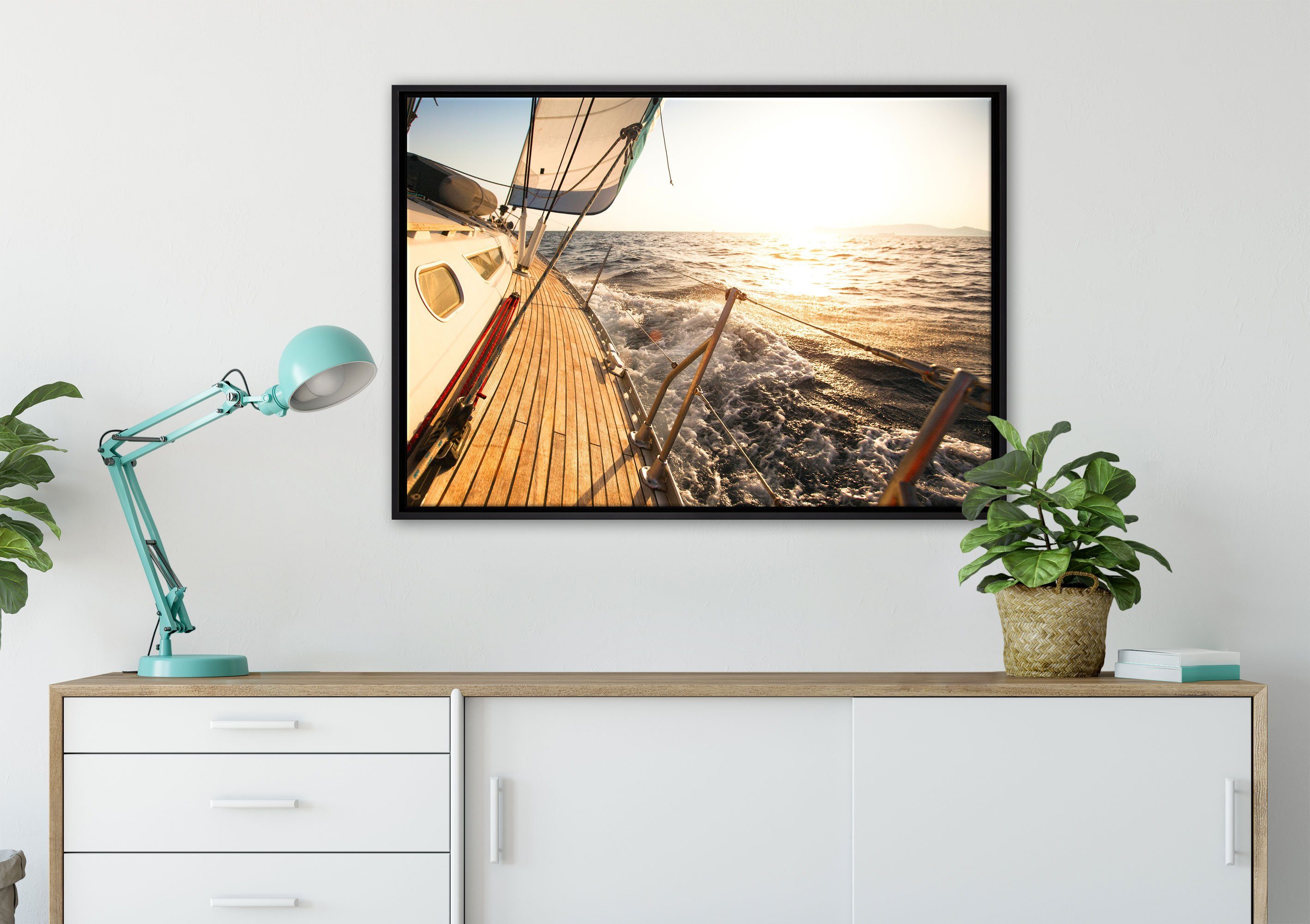Segelboot (1 Leinwandbild Pixxprint St), Schattenfugen-Bilderrahmen inkl. in fertig Meer, einem Leinwandbild bespannt, im Zackenaufhänger Wanddekoration gefasst,