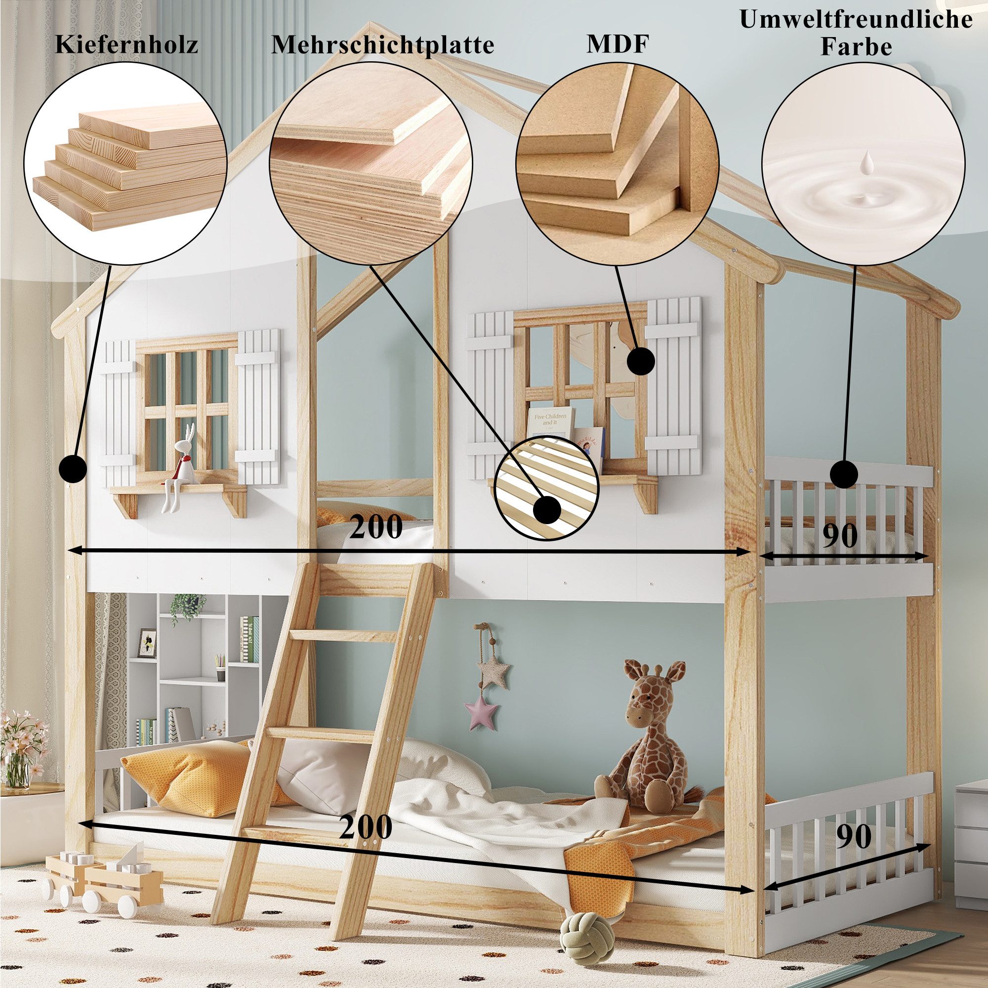 HAUSS SPOLE Bunk bed 90x200 with window & railing, youth bed/children's bed in house shape with roof (with roof and windows, stable slatted frames and safety railing, 90x200cm), without mattress