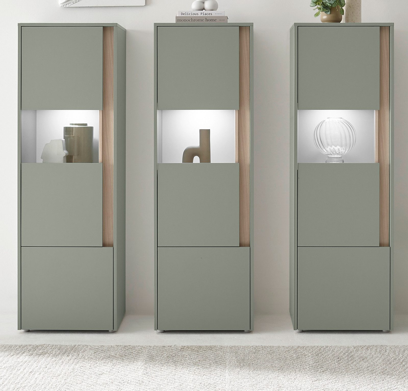 Furn.Design Schrank-Set Center, (Komplett-Set, 3x Vitrine in Salbei Grün mit Eiche), verschiedene Stellmöglichkeiten