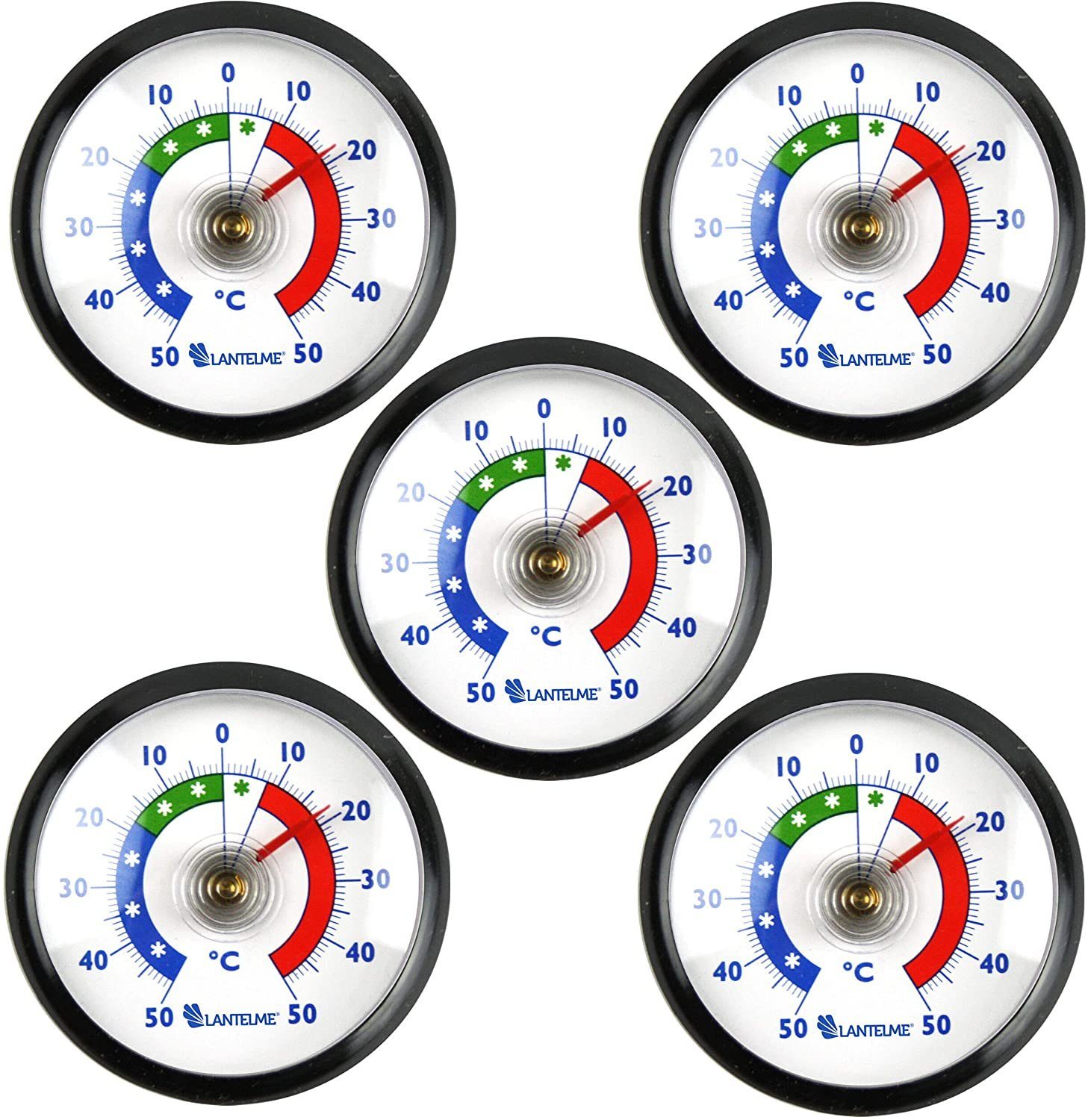 Lantelme Kühlschrankthermometer 5 Stück Set Selbstklebend Gefrierschrank Kühltheken Thermometer, 5-tlg., mit Klebepads im Set, Deutsche Herstellung, Farbliche Skala, Temperauranzeige + - 50°C