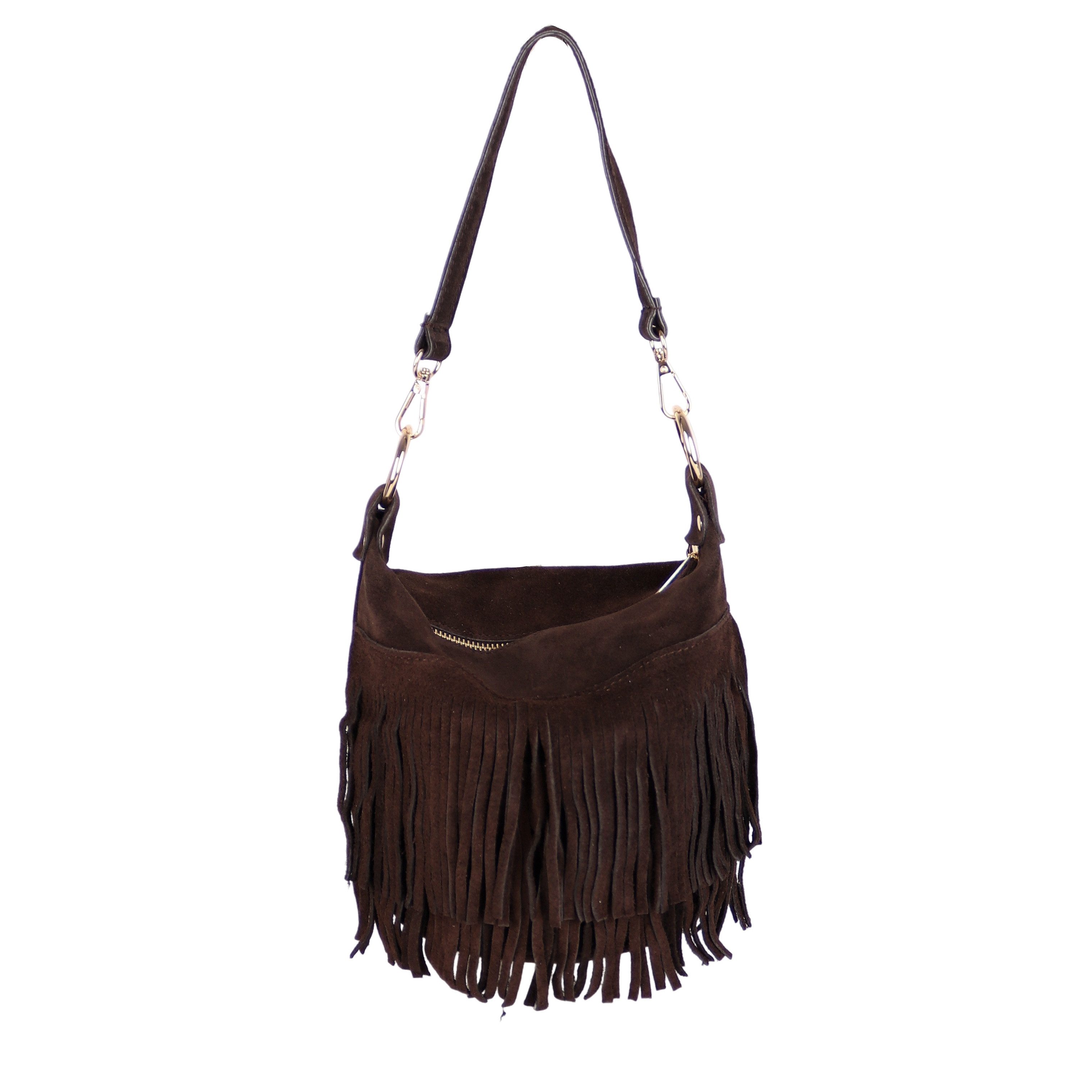 MIRROSI Umhängetasche Damen Tasche aus Echtleder Wildleder –mit Fransen ca.22x20x15 cm (Made in Itlay), Crossbody aus echtem Leder, mit 2 Riemen