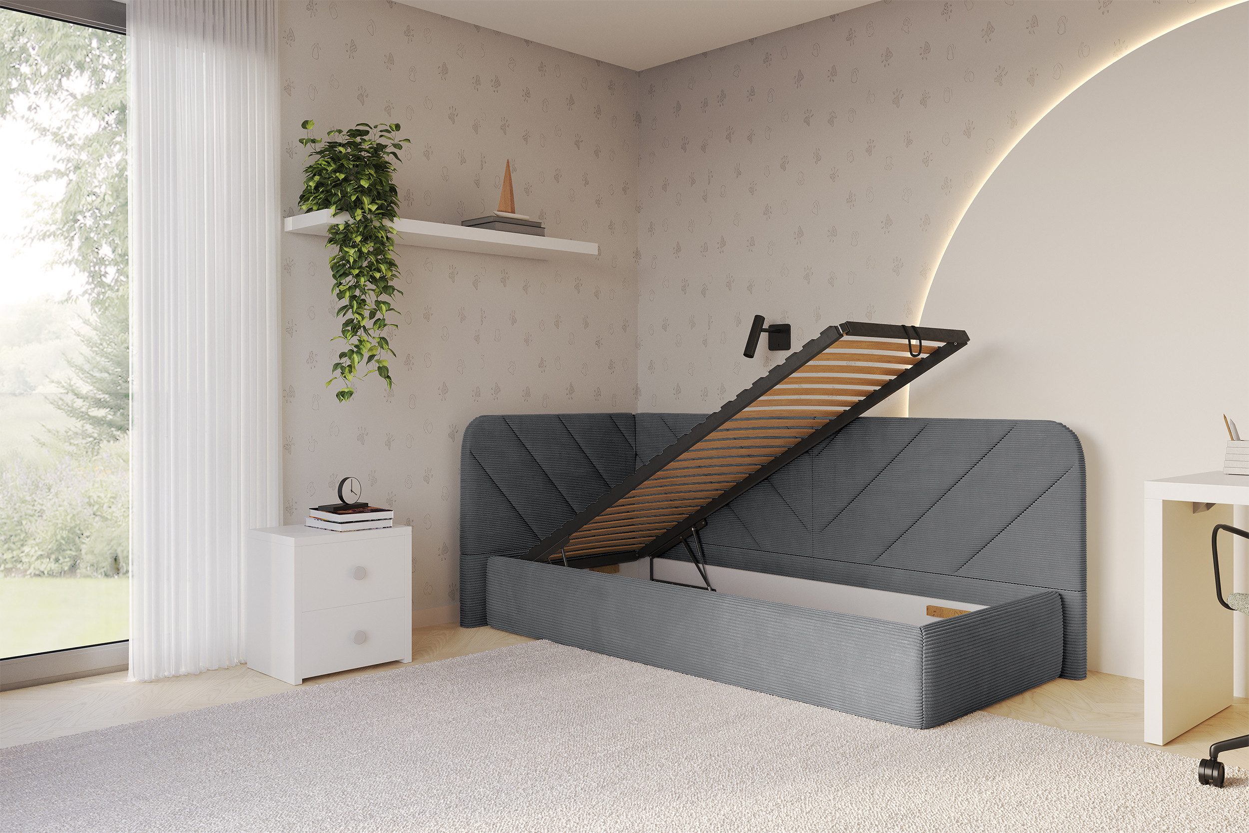 ALTDECOR Jugendbett FIKY (Jugendbett mit Bettkasten und Lattenrost, Polsterbett ohne Matratze), Einzelbett mit Stauraum, Bett mit Kopfteil