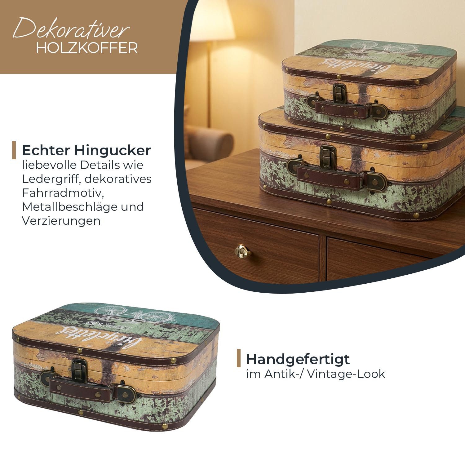 HMF Aufbewahrungsbox Vintage Koffer aus Holz, Aufbewahrungsbox mit Deckel und Ledergriff (1 St), Geschenkidee für Hochzeit, Geburtstag, Fahrradmotiv 32 x 29, 5 x12 cm