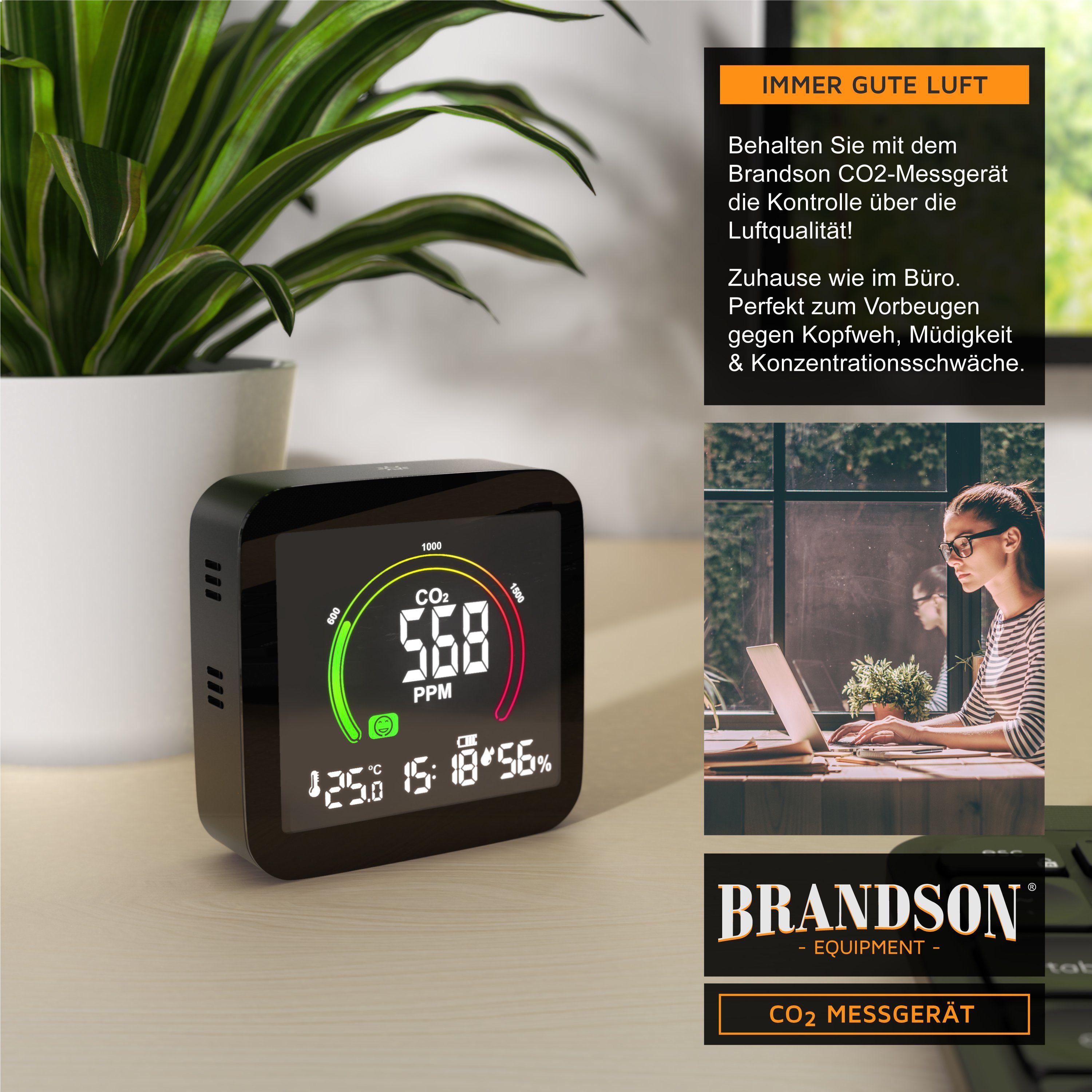 Brandson Raumluft-Qualitätssensor CO2 Messgerät, Luftqualität Melder, Kohlendioxidmessung, Warnmelder, Sensor für Luftqualität, CO2 Messung, Präzise Kohlendioxidmessung