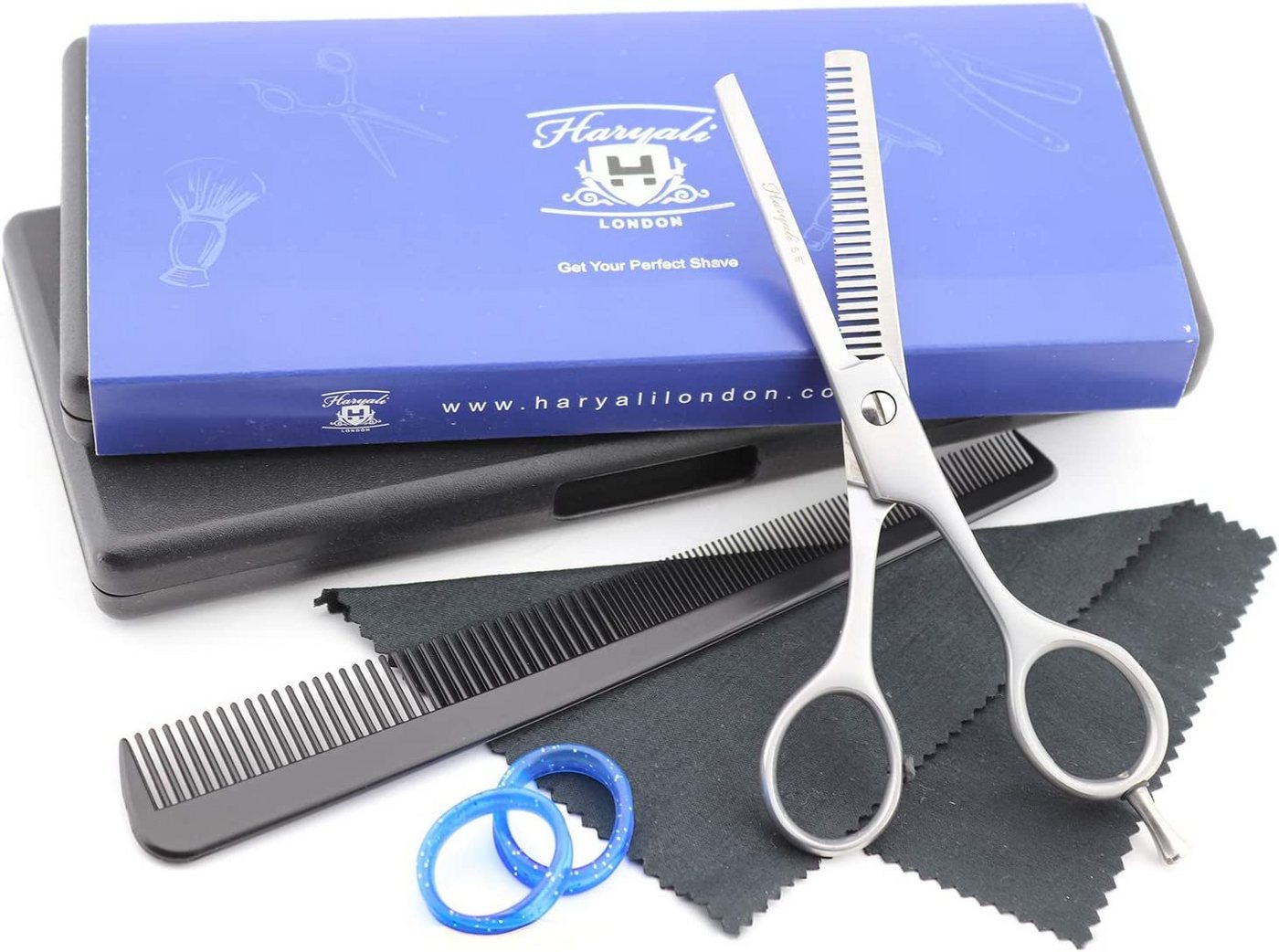 Haryali London Haarschere professionelles Effilierscheren-Set, Stylingscheren-Set mit Kamm, Etui, (Set, 1-tlg., Effilierscheren-Set mit gratis Kammabdeckung, superscharfe Klinge), langlebige, verstellbare Edelstahl-Pflegeschere 5,5 Zoll
