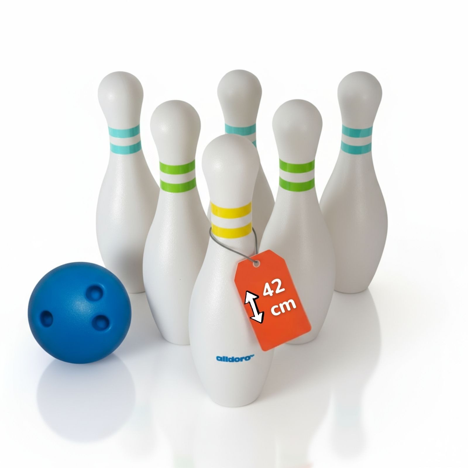 alldoro Spiel XXL Bowling-Spiel für Kinder, Familienspiel für drinnen & draußen, Riesen-Kegelspiel mit Tragetasche, 6 befüllbaren Pins 42 cm & 1 Kugel