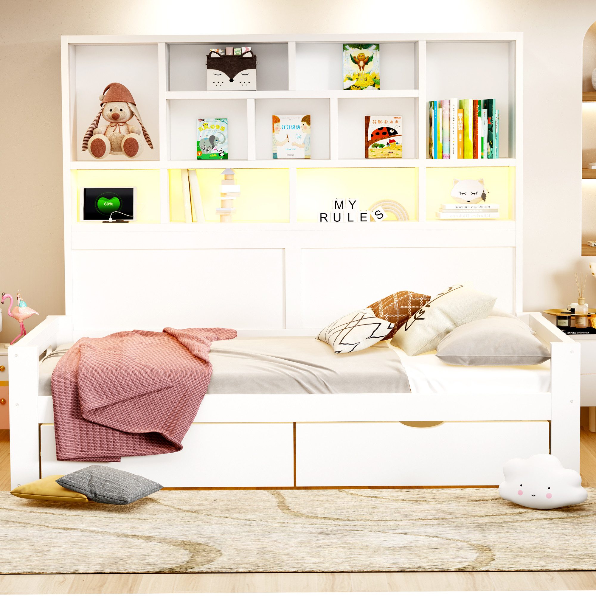 Flieks Holzbett mit vielem Stauraum, Daybett Kinderbett 90x200cm mit LED-Leiste, Aufladen, 2 Schubladen – Bild 3 von 5