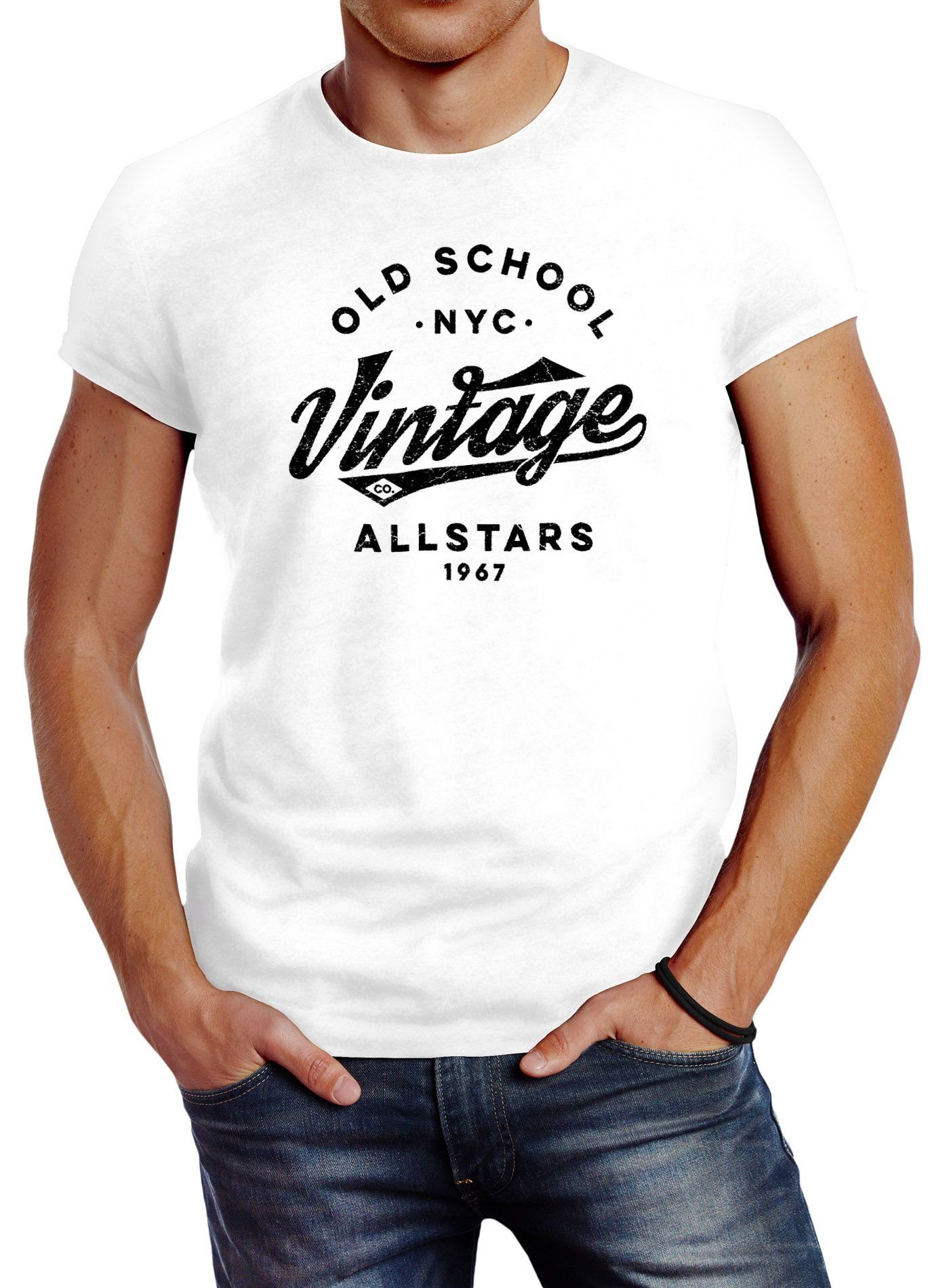 Neverless Print-Shirt Neverless® Herren T-Shirt College Style Schriftzug Oldschool Vintage Allstars Fashion Streetstyle mit Print weiß