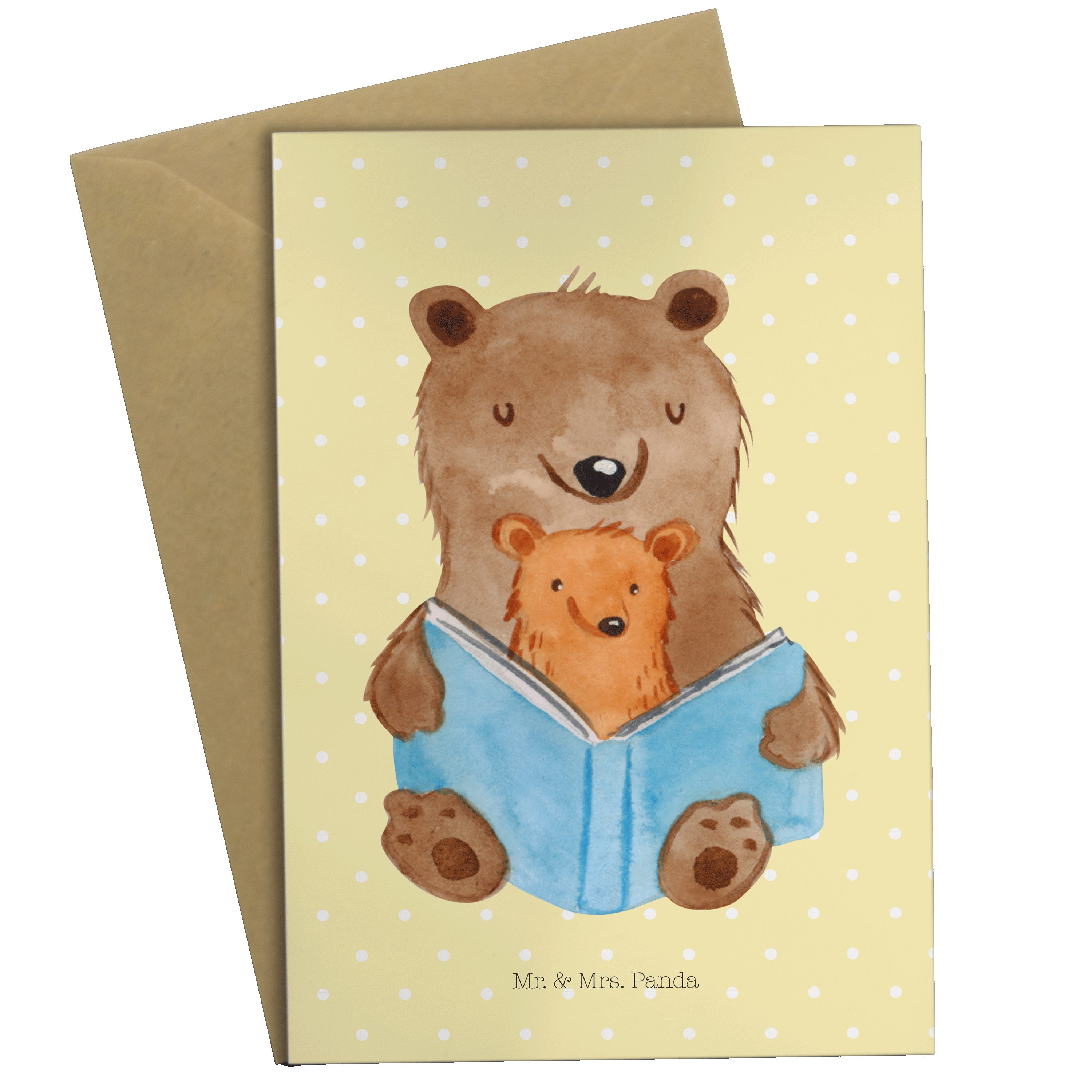 Mr. & Mrs. Panda Grußkarte Bären Buch - Gelb Pastell - Geschenk, Einladungskarte, Großmutter, Sc