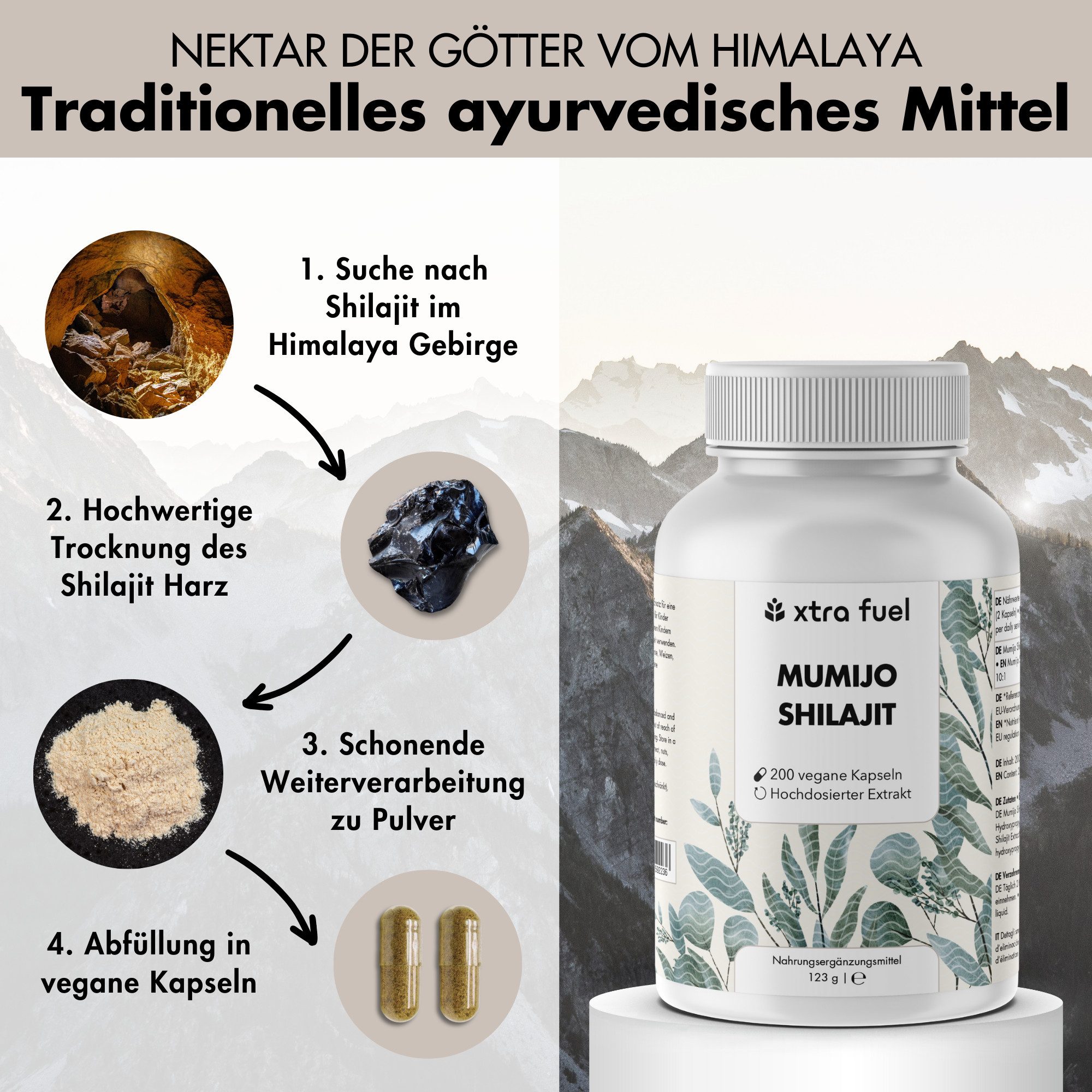 XTRA FUEL Mumijo Shilajit hochdosiert - 200 Kapseln, 80% Fulvin- & Huminsäure Kapseln, 123 g