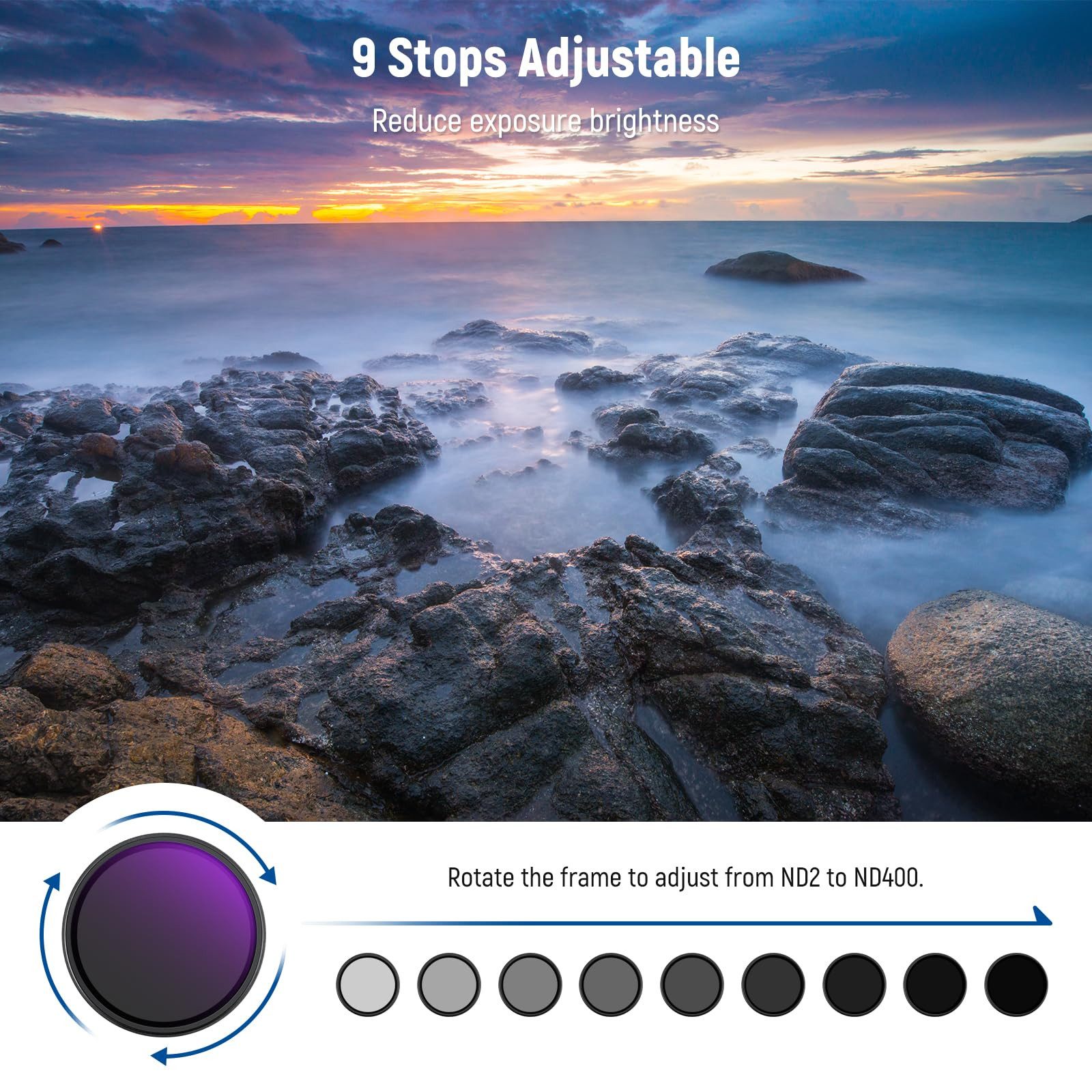 Neewer NW SERIES A 82mm Variabler ND Filter ND2-400 (1-9 Stop), Einstellbarer Foto-Filter-Sets (drehbarer Graufilter, Reinigungstuch, für Belichtungsausgleich) – Bild 2 von 5