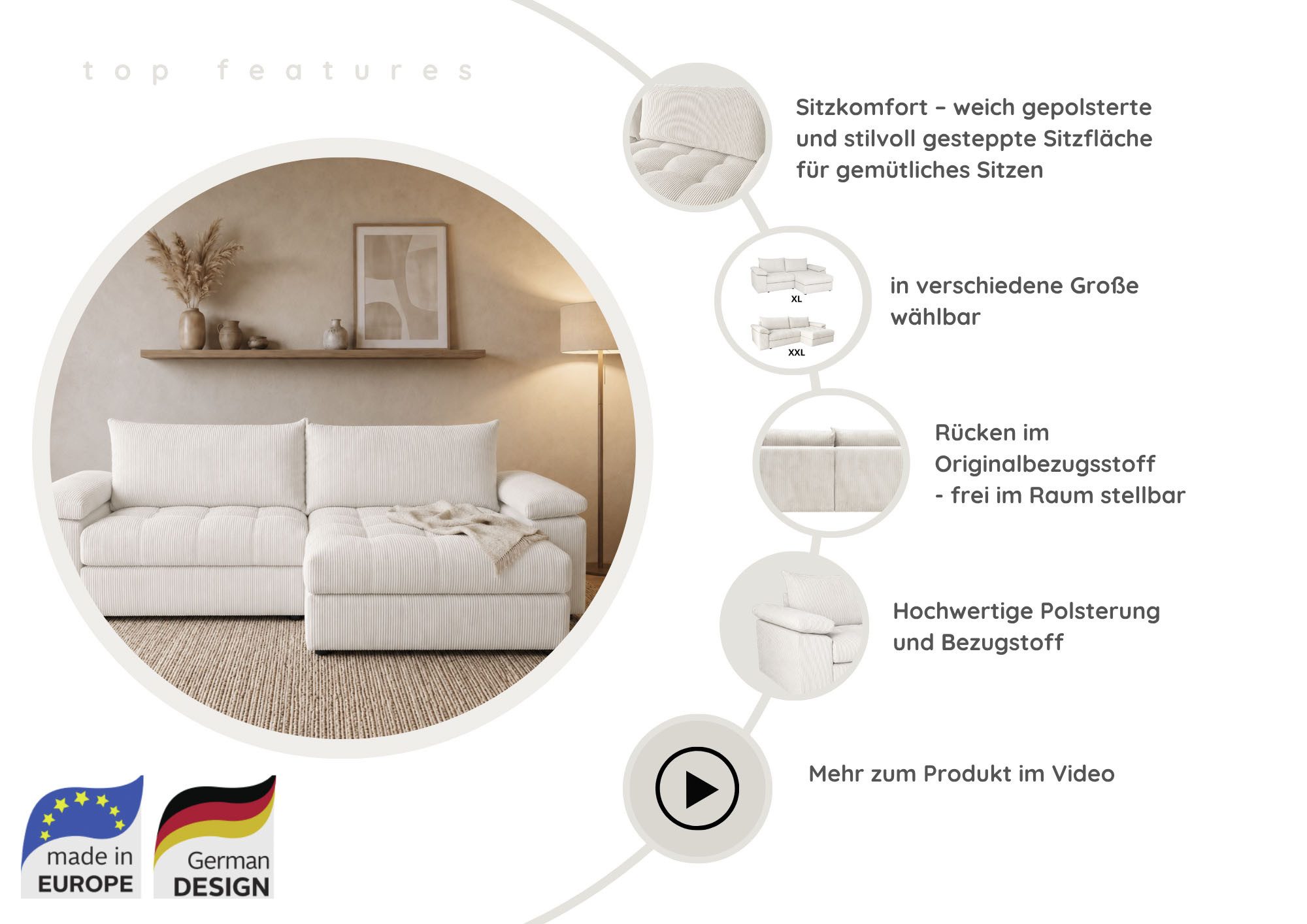 OTTO home Ecksofa Soft&Cosy Pik XXL, L-Form, B: 303 cm, Mega Sofa in Cord, Lounge-Komfort mit edler Sitzsteppung, Federkern – Bild 3 von 5