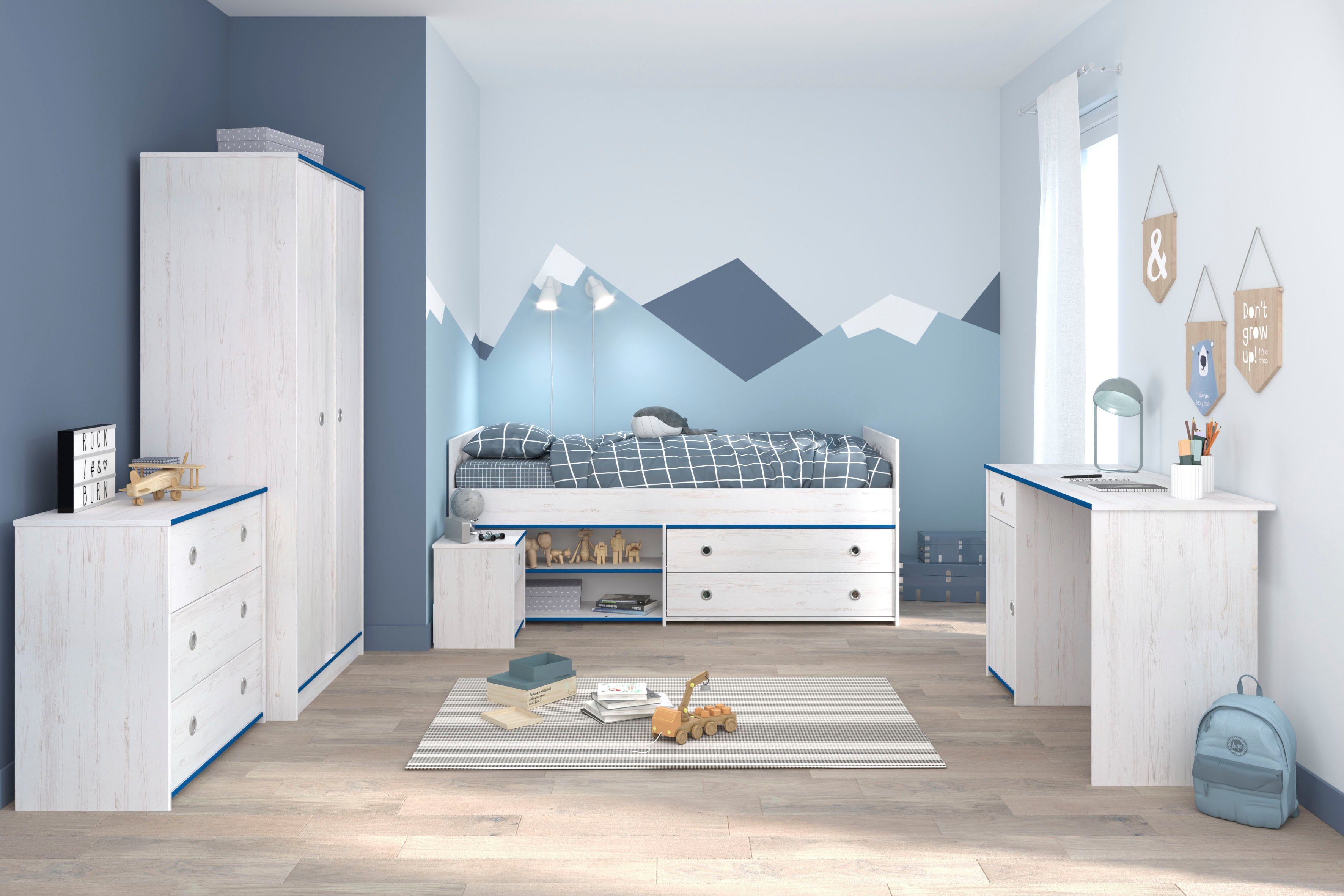 Parisot Jugendzimmer-Set Smoozy, (Set, 5-tlg., Stauraumbett, Nachttisch, Kleiderschrank, Schreibtisch und Kommode)