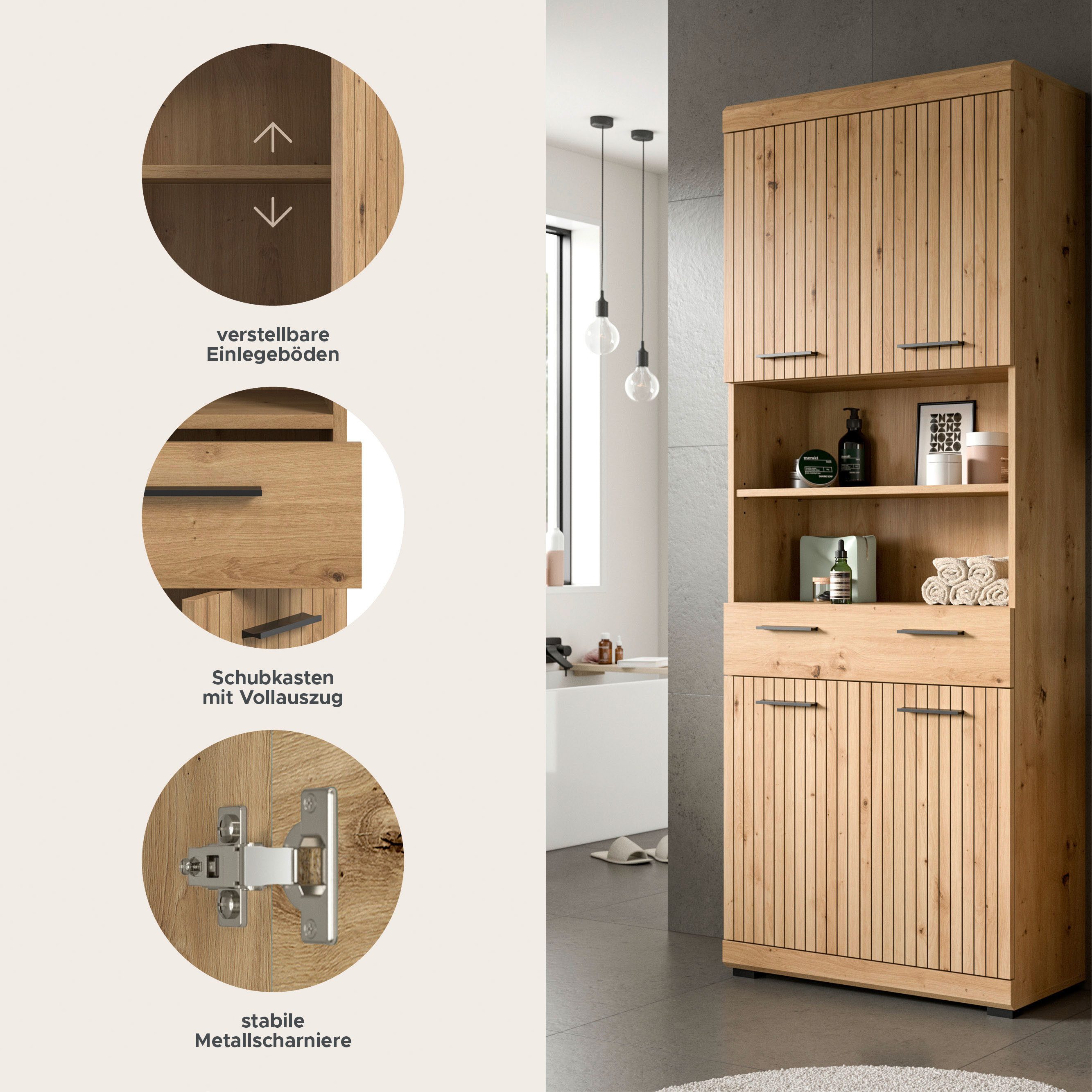 welltime Hochschrank SIENA, Breite 74cm, 4 Türen, 1 Schubkasten, 2 offene Fächer, MDF-Front (TOPSELLER) in verschiedenen Farben erhältlich, Badmöbel, Badschrank, Schrank, Bad