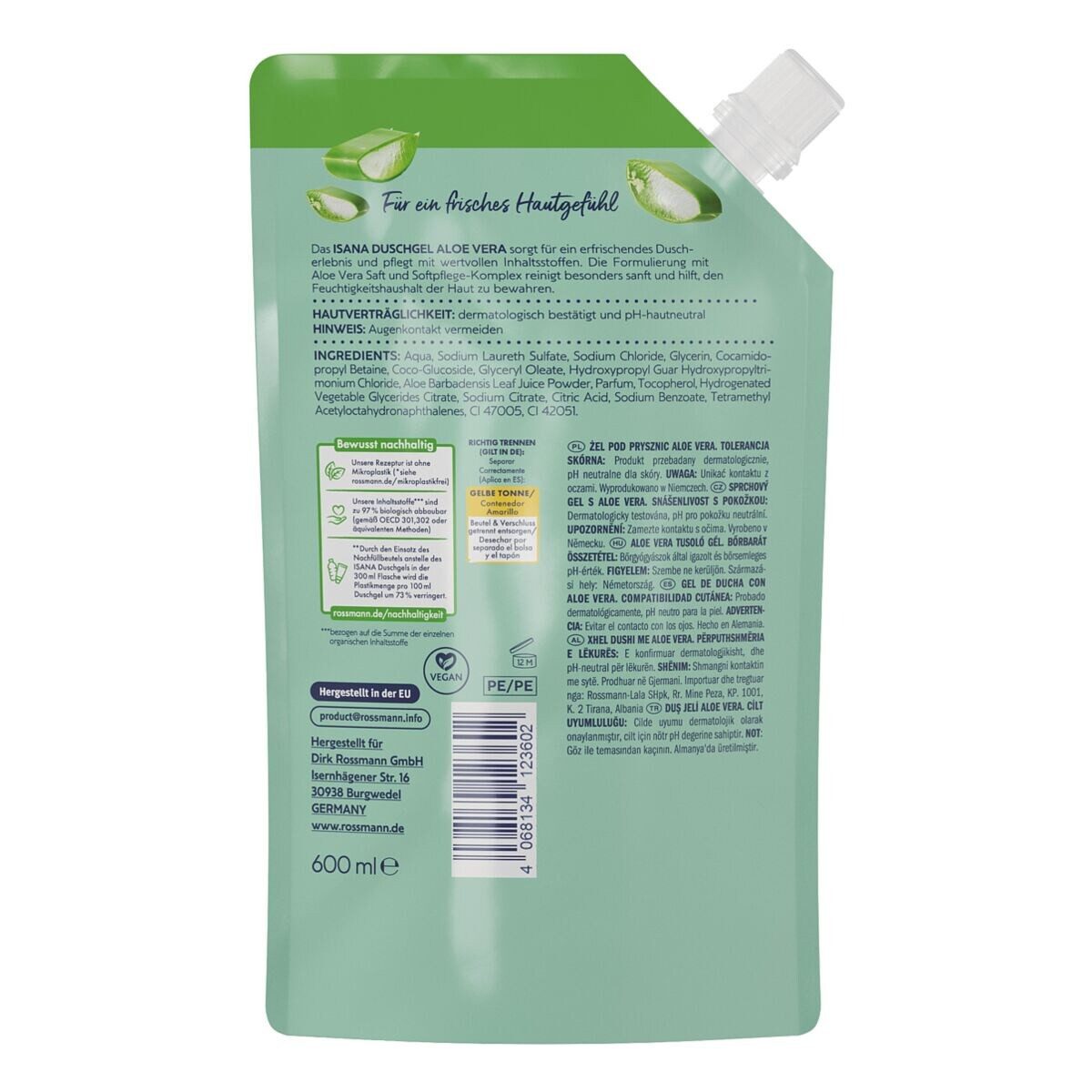 ISANA Duschgel Aloe Vera, 600 ml, Nachfüllbeutel mit Schraubverschluss