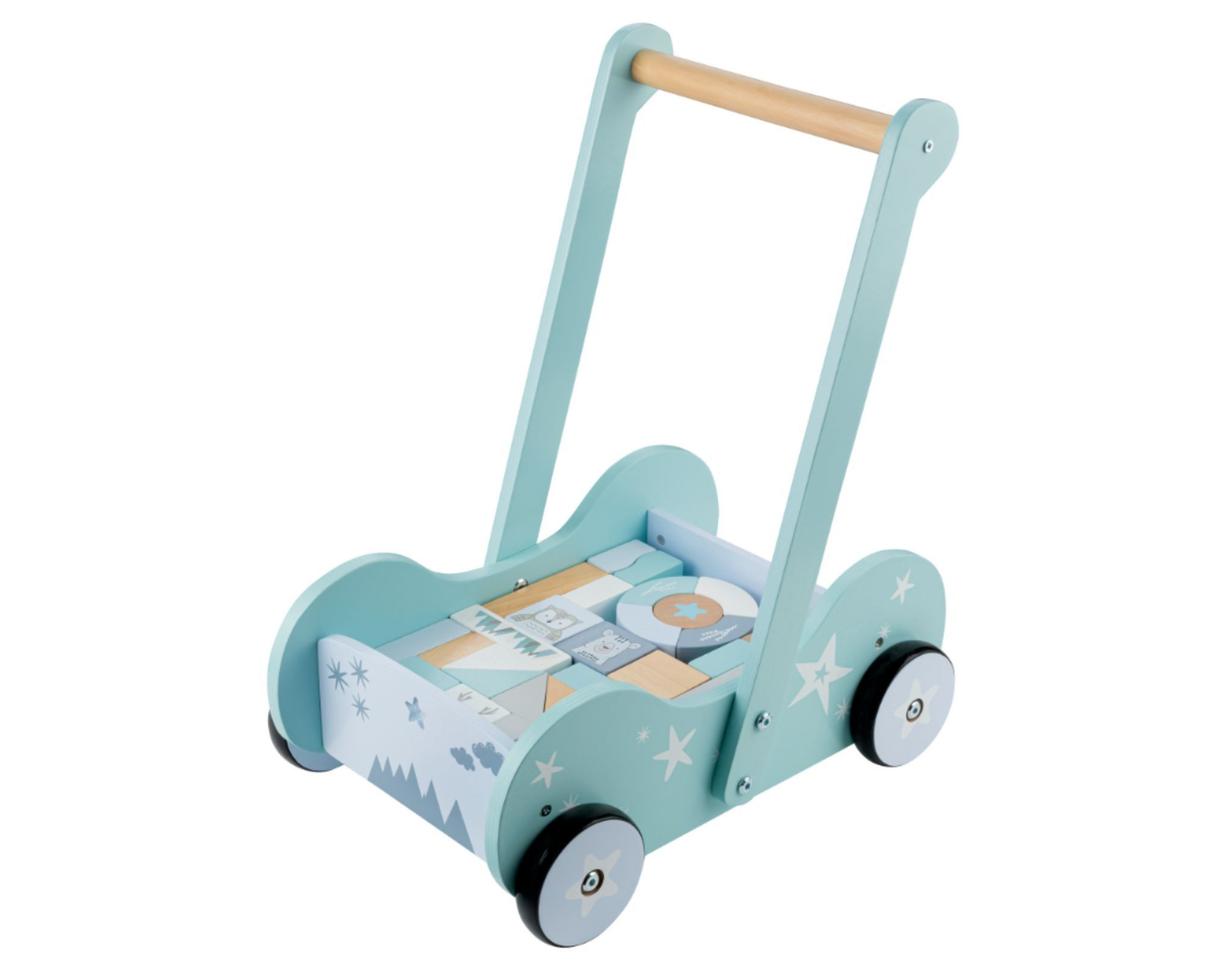 Playtive Puppenwagen PLAYTIVE® Holz-Schiebewagen Nordic blau 30 Holzbaustei günstig online kaufen