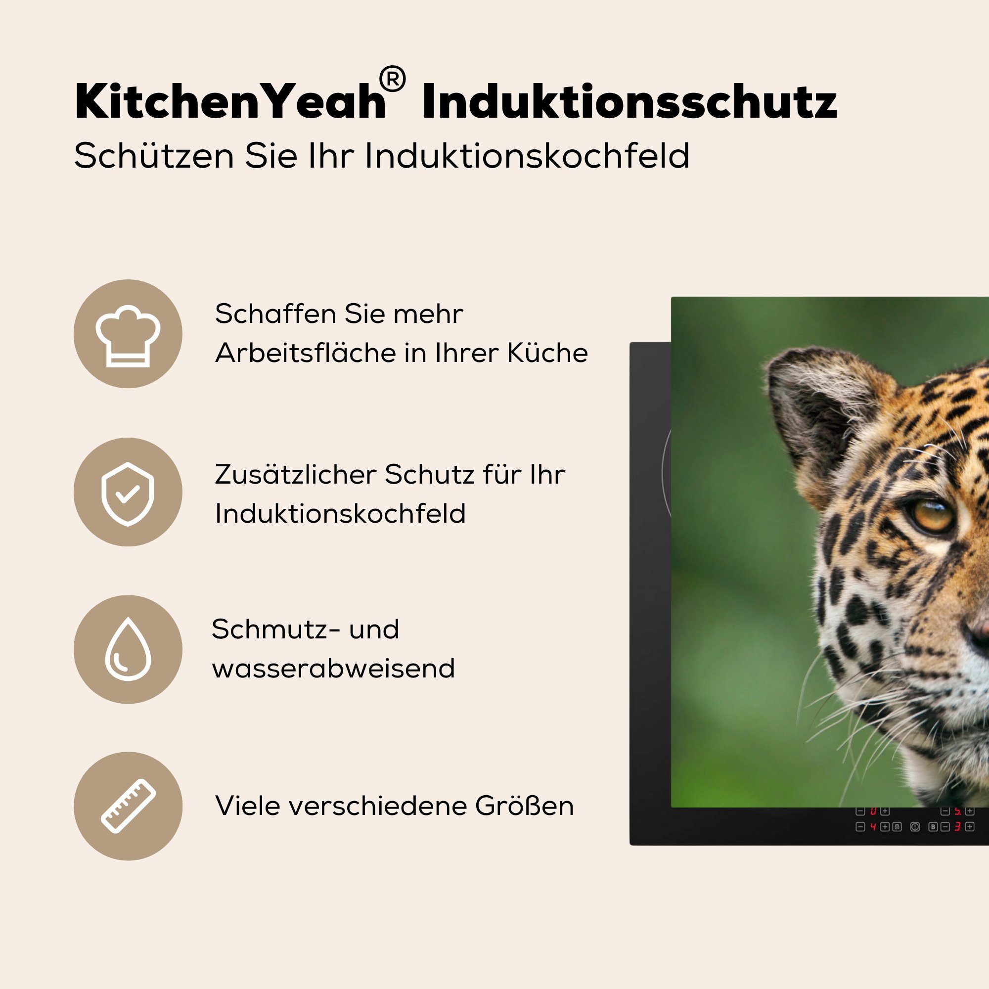 71x52 Natur tlg), küche, - Herdblende-/Abdeckplatte Vinyl, MuchoWow Schutz cm, - Induktionskochfeld Leopard für die (1 Gefleckt, Ceranfeldabdeckung