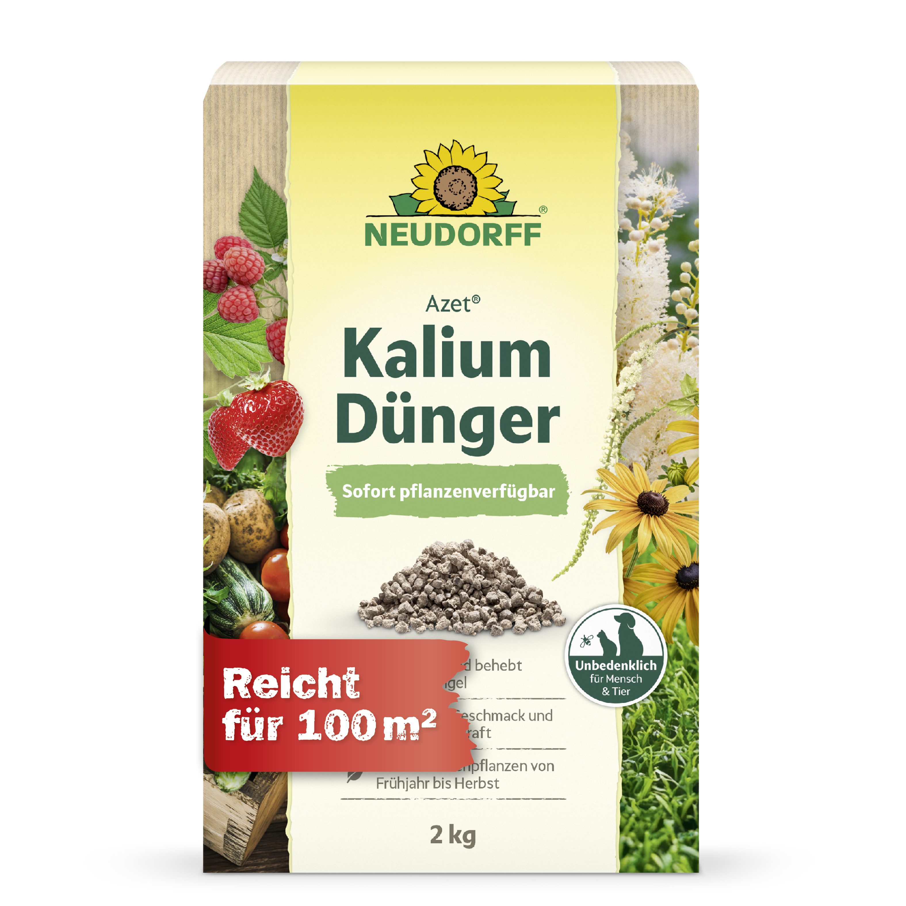 Neudorff Spezialdünger Azet KaliumDünger 2 kg für 100m², Einzelartikel, Für mehr Geschmack, Lagerfähigkeit und Widerstandskraft, Sofort wirksam, beugt Kaliummangel vor und stärkt Pflanzen