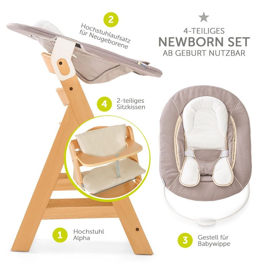 Hauck Hochstuhl Alpha Plus Natur - Newborn Set (Set, 4 St), Holz Babyhochstuhl ab Geburt inkl. Neugeborenenaufsatz & Sitzauflage