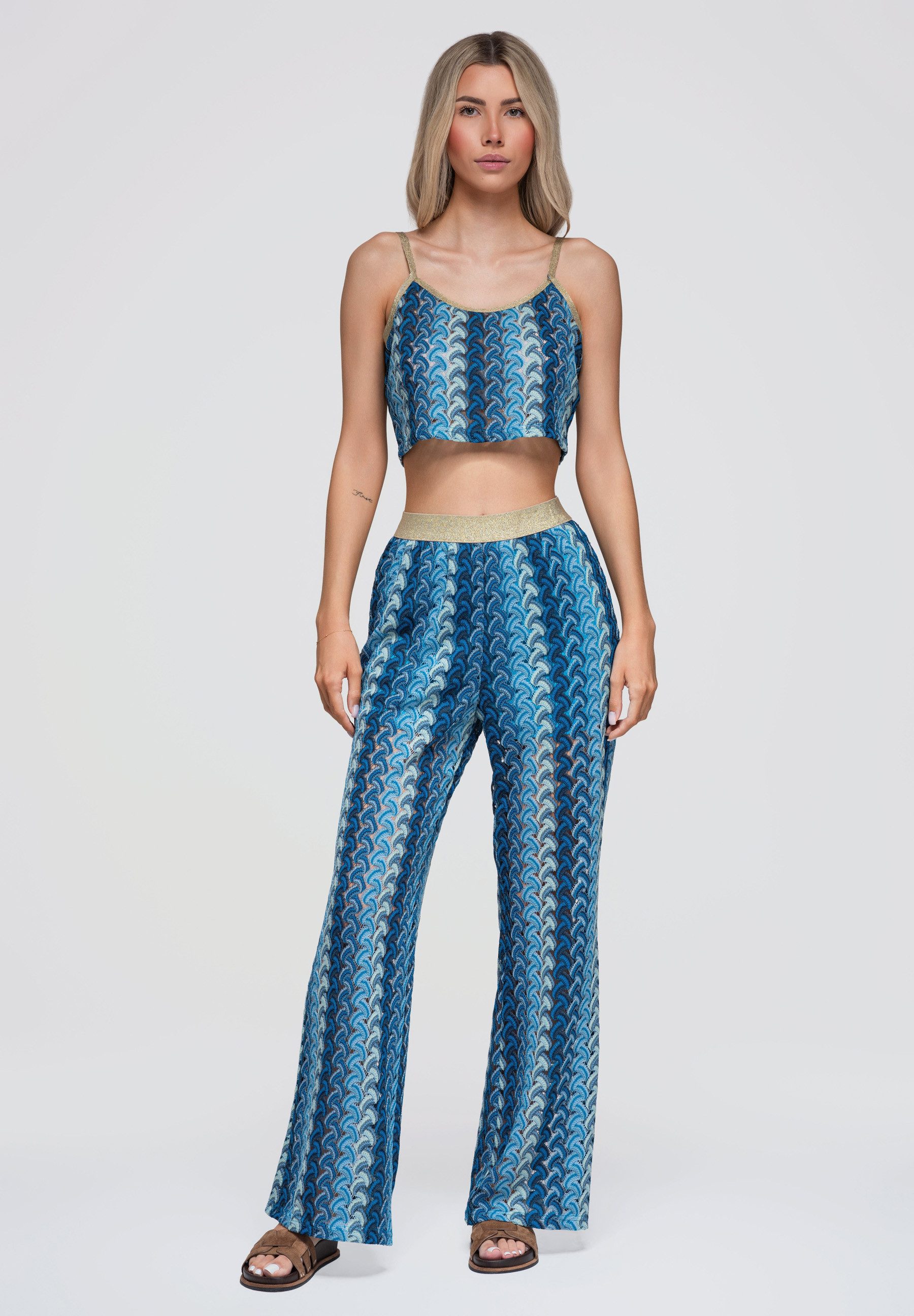 OMBRE Schlaghose Damen Schlaghose mit weitem Bein und elastischem Bund Blau S/M (kein Set, 1-tlg) Lace