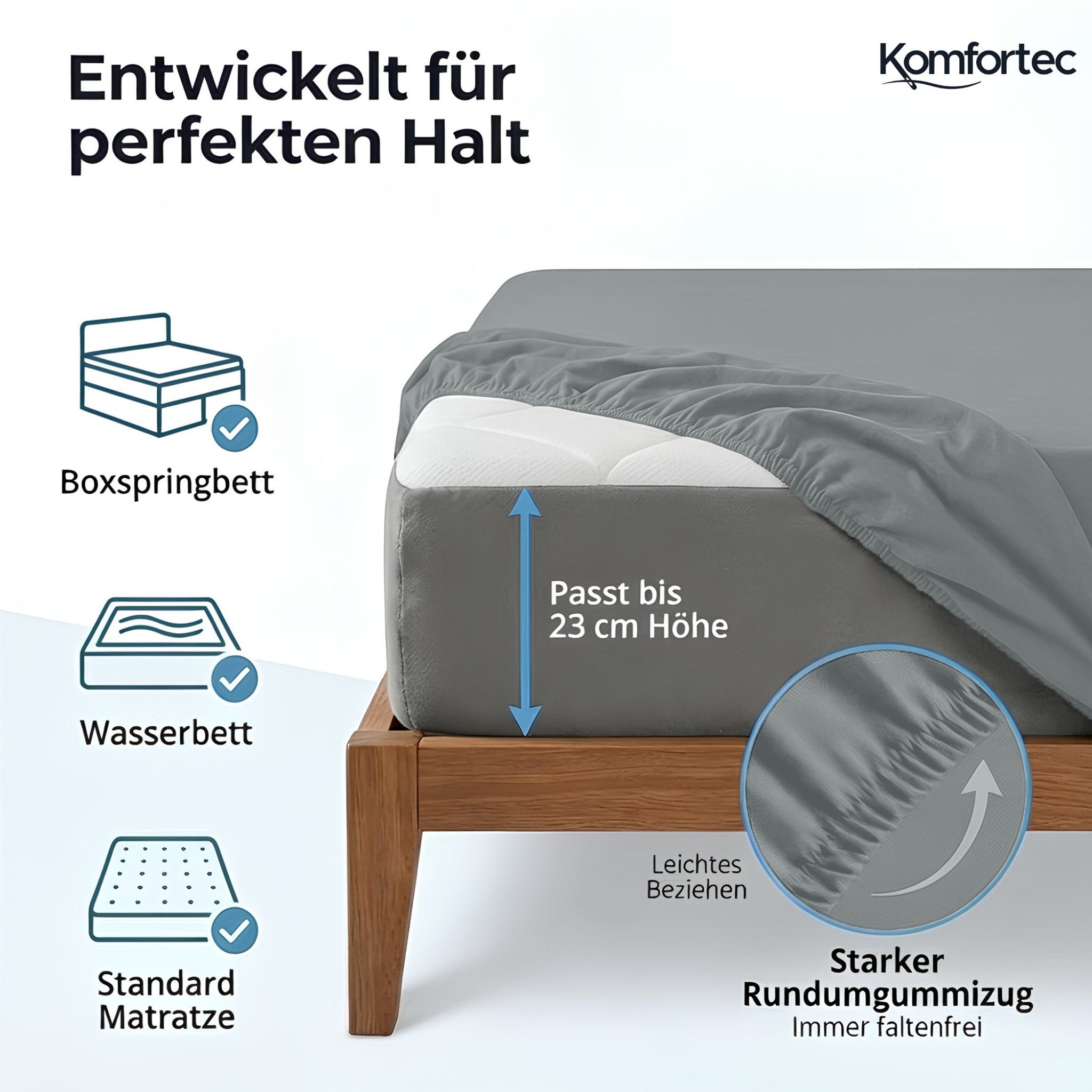 Komfortec Spannbettlaken Jersey Spannbettuch, 90x200, 140x200, 160x200, 180x200 oder 200x200 cm, 100% Baumwolle (135 g/m), Gummizug: Rundum, (1 Stück), OEKO-TEX® Standard 100 Zertifisiert, für Matratzen bis 25 cm Höhe