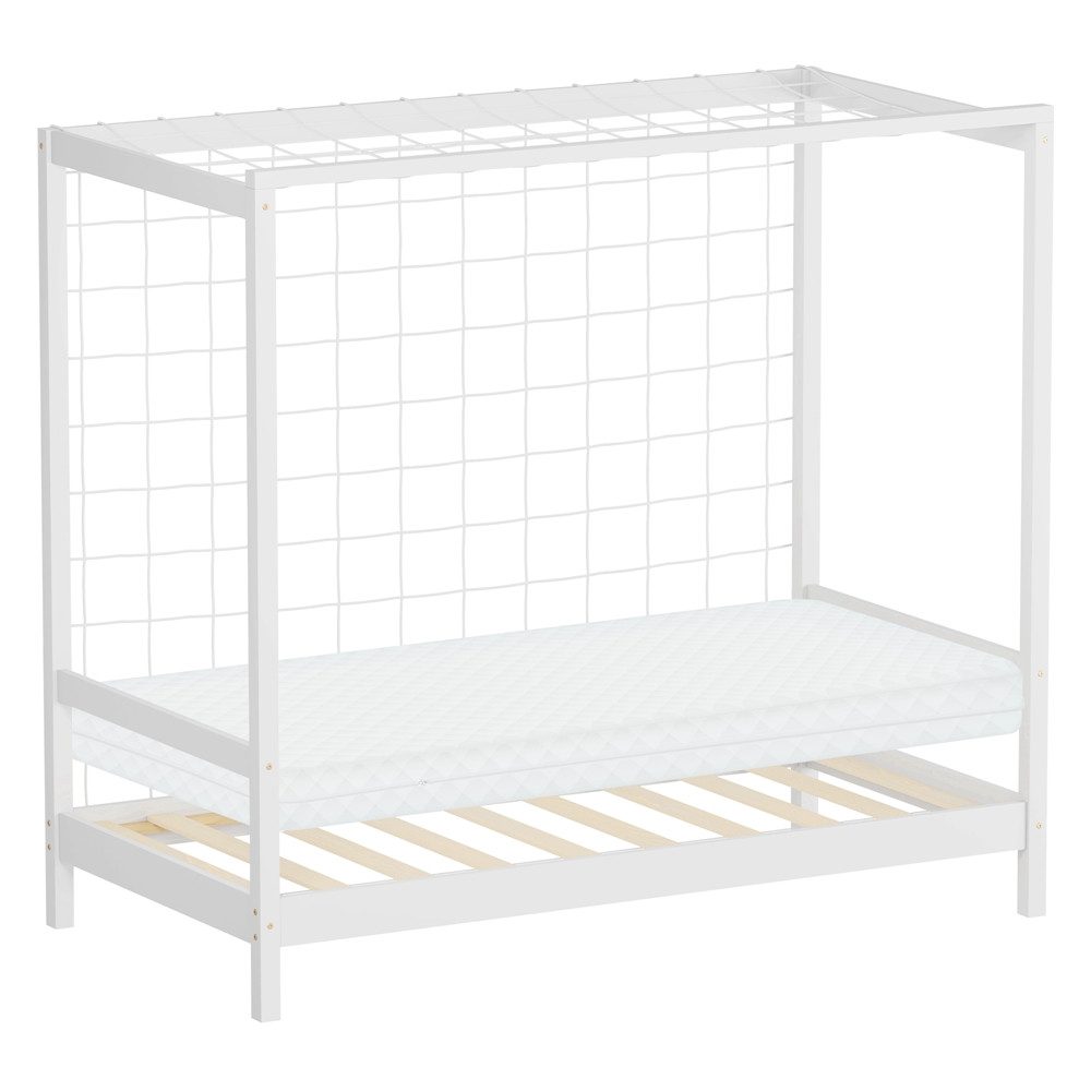 ML-DESIGN Spielbett Fußballtor Einzelbett für Kinder Holzbett mit Lattenrost & Tornetz, Handballtor Abenteuerbett 80x160cm Weiß Kinderbett mit Matratze H:10cm
