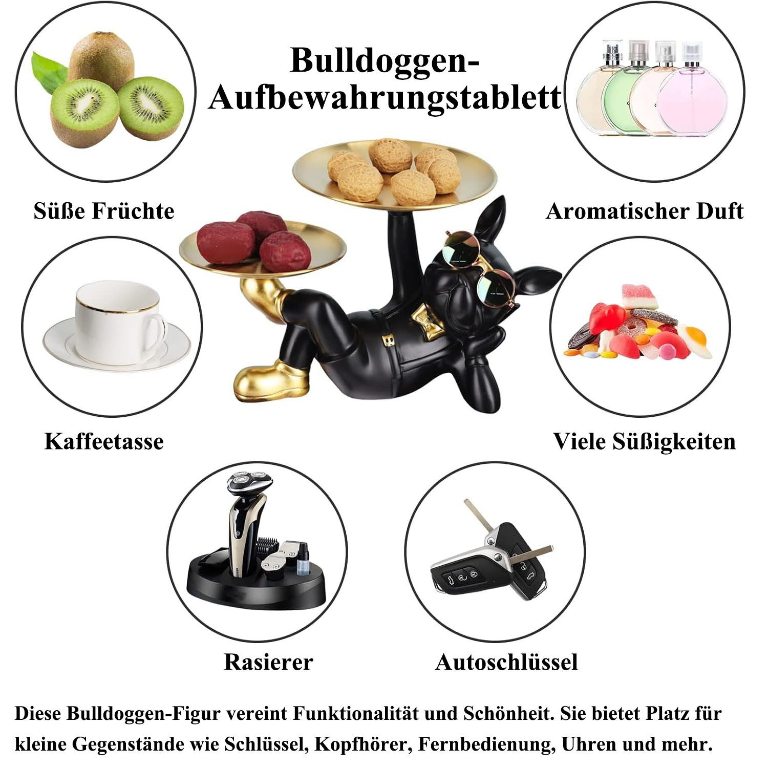 SURFOU Dekoschale Bulldogge Skulptur Deko Schlüssel Ablage Hund mit Tablett (Tierskulptur Tischdekoration Eingang Desktop Dekoration), Schlüsselablage Flur für  – Bild 4 von 5