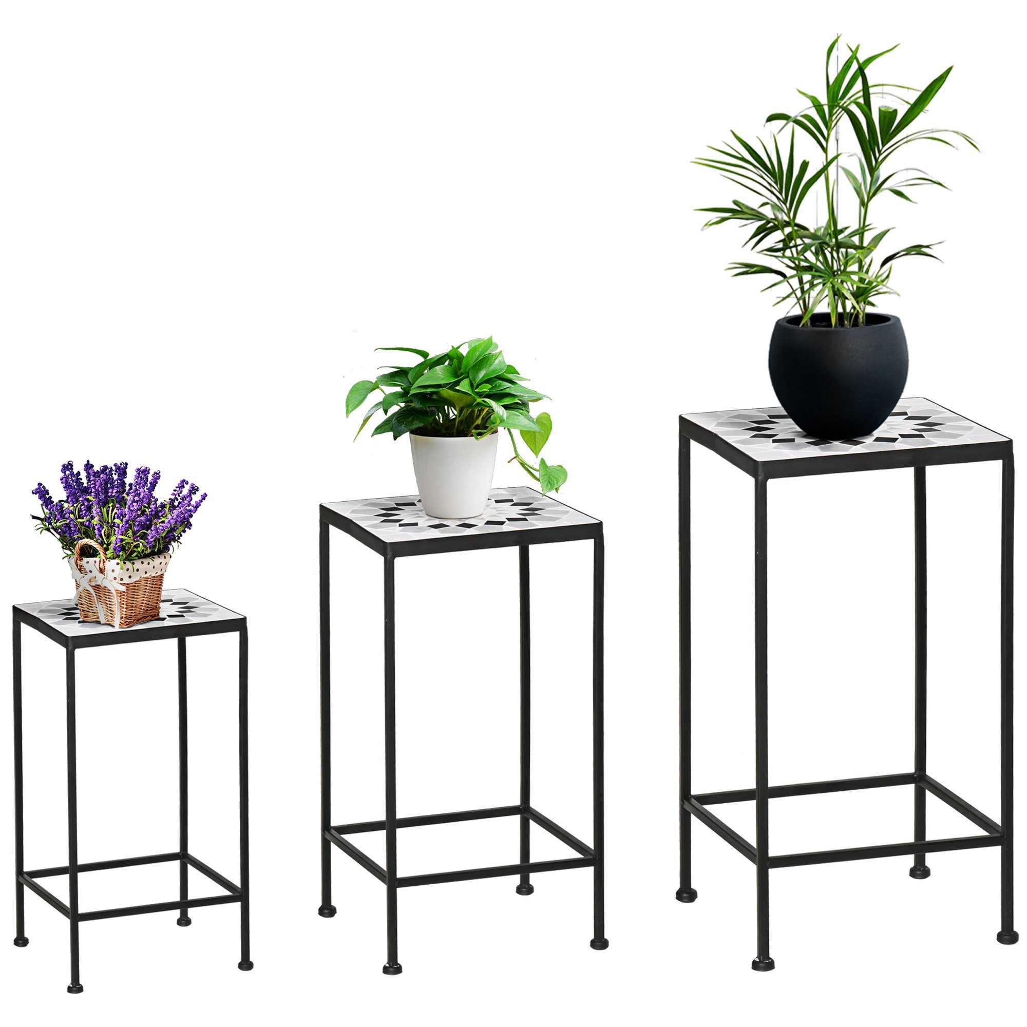 Outsunny Blumenständer Blumenständer Set, Blumenständer 3er Set aus Metall Pflanzenständer Set Fliesen Stapelbar