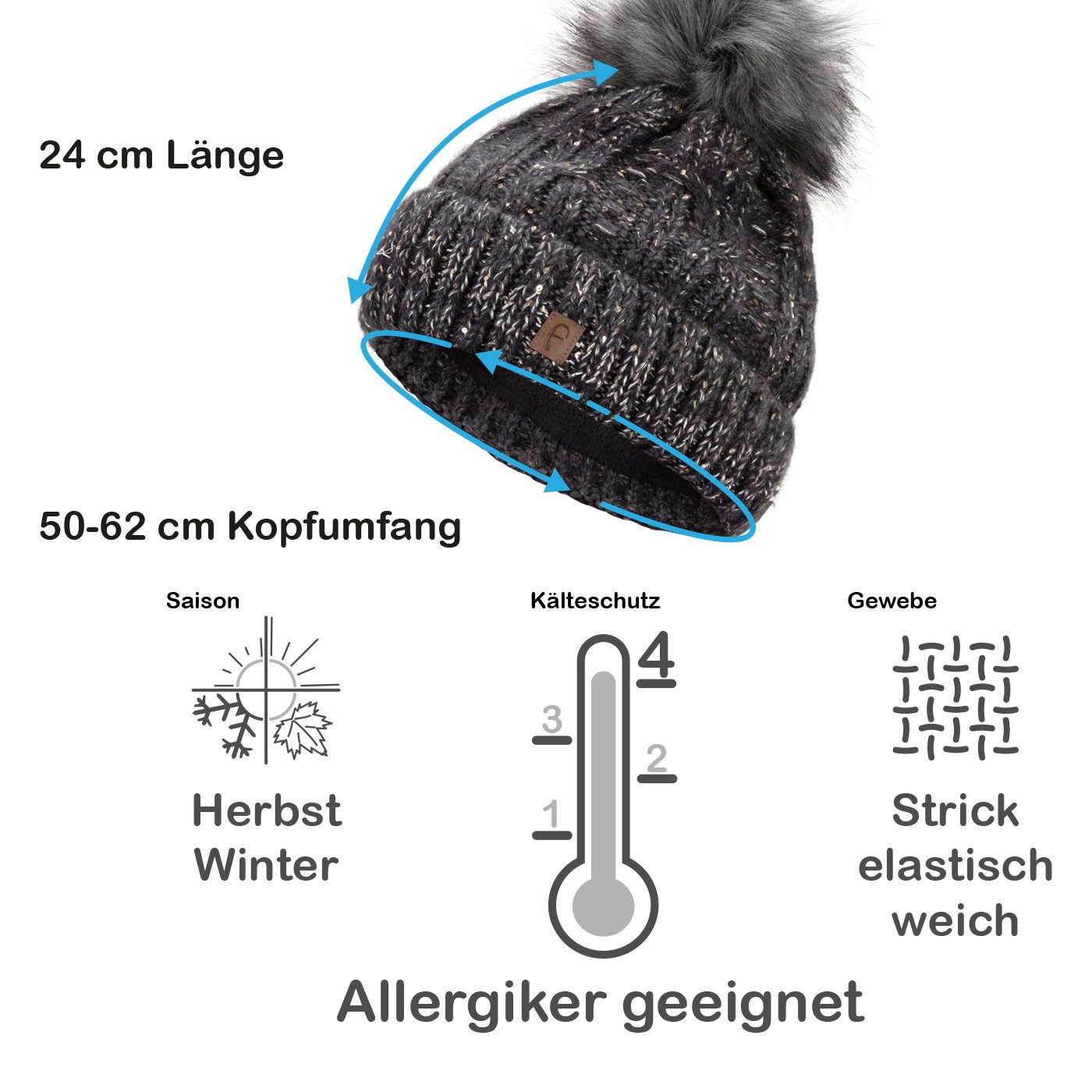 Faera Bommelmütze Wintermütze Damen Herren Mütze Beanie Haube gefüttert Bommelmütze