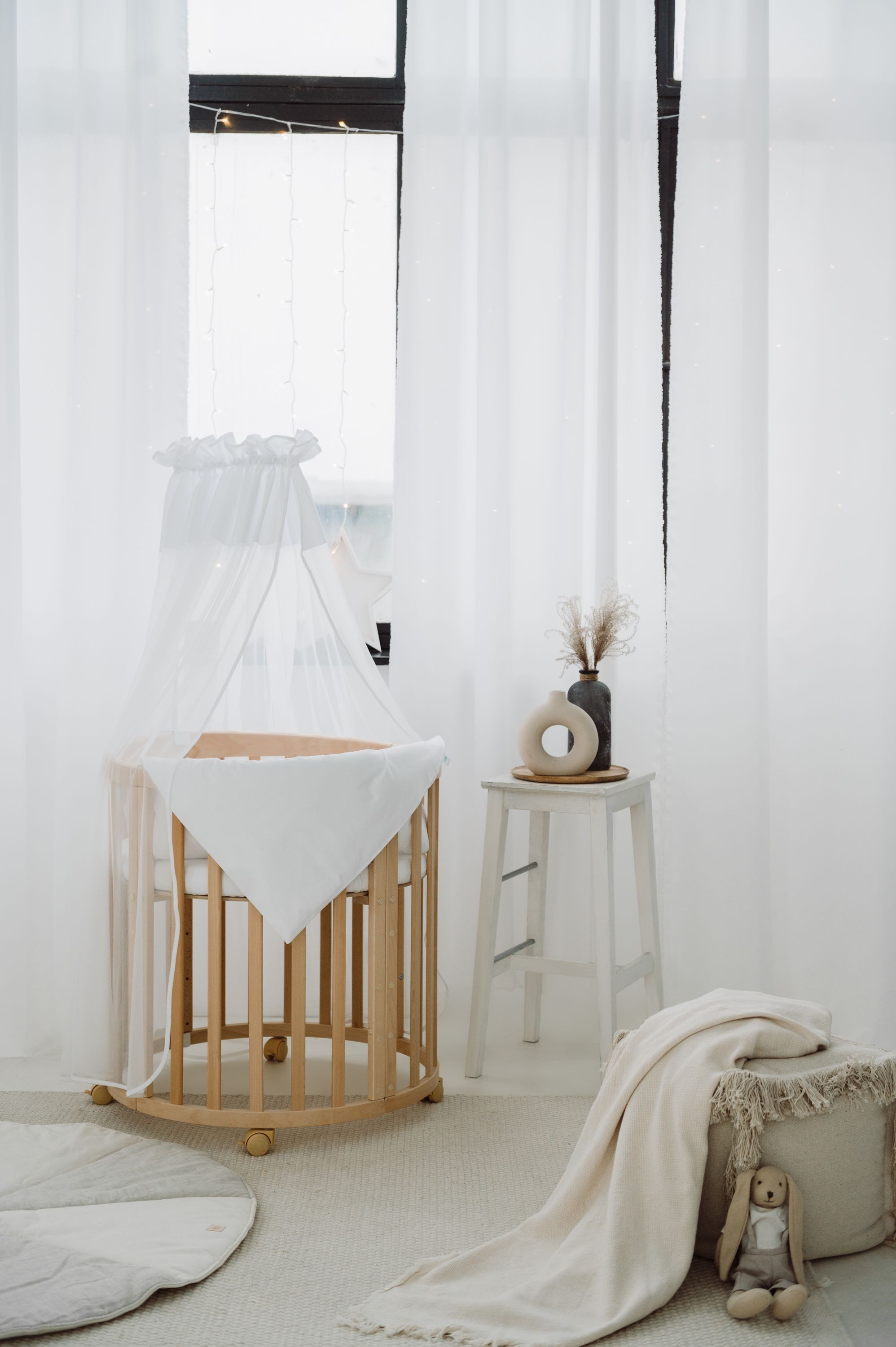 Waldin Babybett Mobiles Babybett OWAL aus Holz 7in1 mit Matratze, mitwachsend