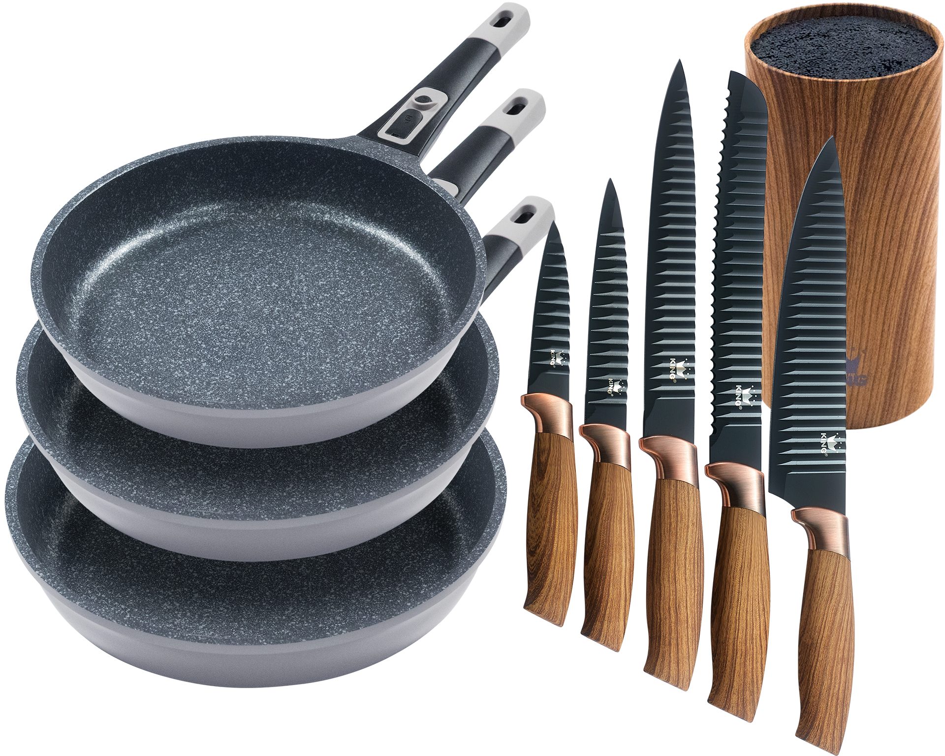 KING Pfannen-Set »Moonscape 3er«, inkl. Messer-Set und Messerblock, Aluminiumguss (Set, 9-tlg., 3 Pfannen, 5 Küchenmesser, 1 Messerblock), Induktion, abnehmbarer Griff, MOONSCAPE-Beschichtung