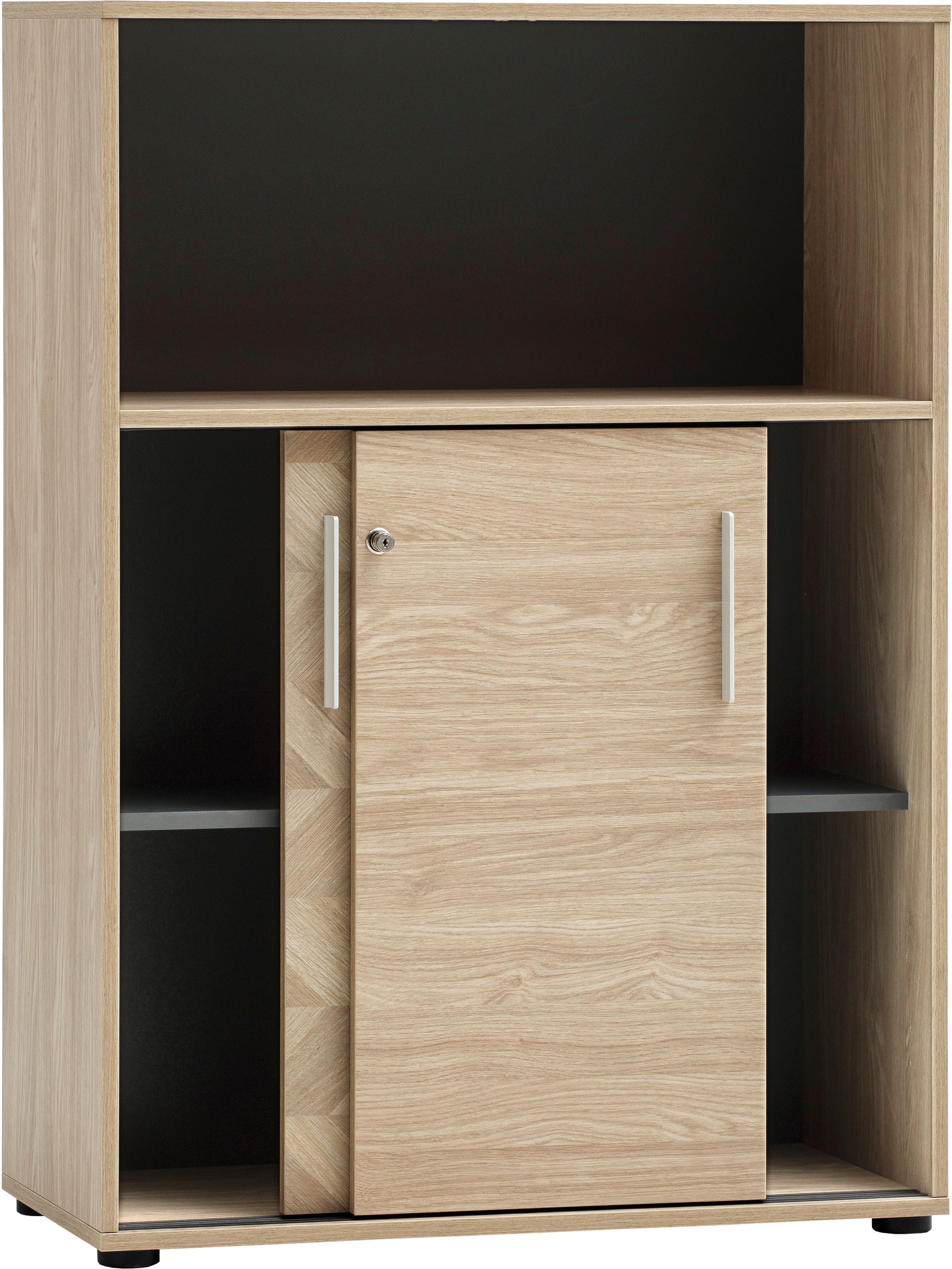 Schildmeyer Schiebetürenschrank AREZZO, Aktenschrank abschließbar, Höe 150 cm, MADE IN GERMANY (1-St) Linke Tür in Fischgräten Dekor, MADE IN GERMANY