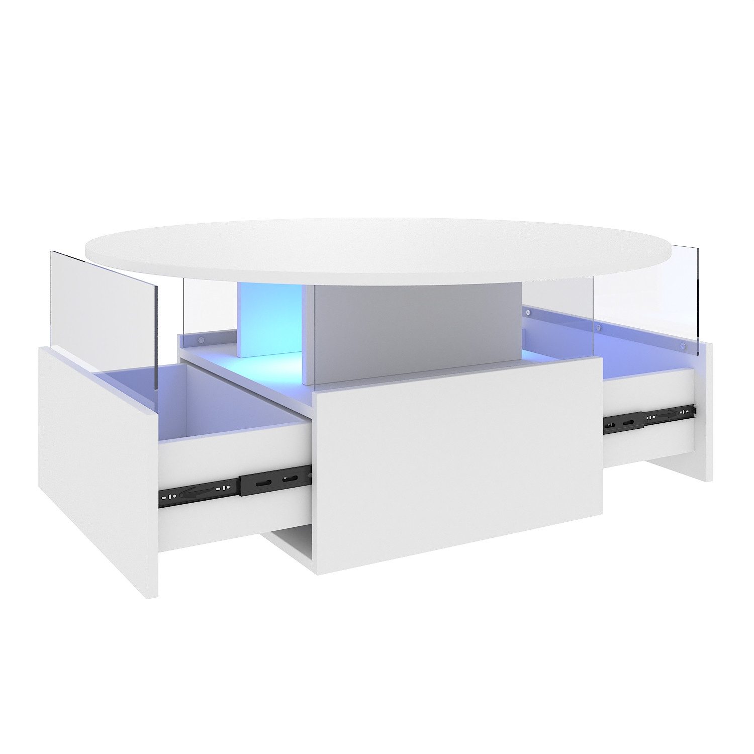 radelldar Couchtisch mit LED-Beleuchtung und 2 Schubladen, Wohnzimmertisch 80x40cm (1-St), Beistelltisch mit runder Platte und extra Ausstellungsfläche