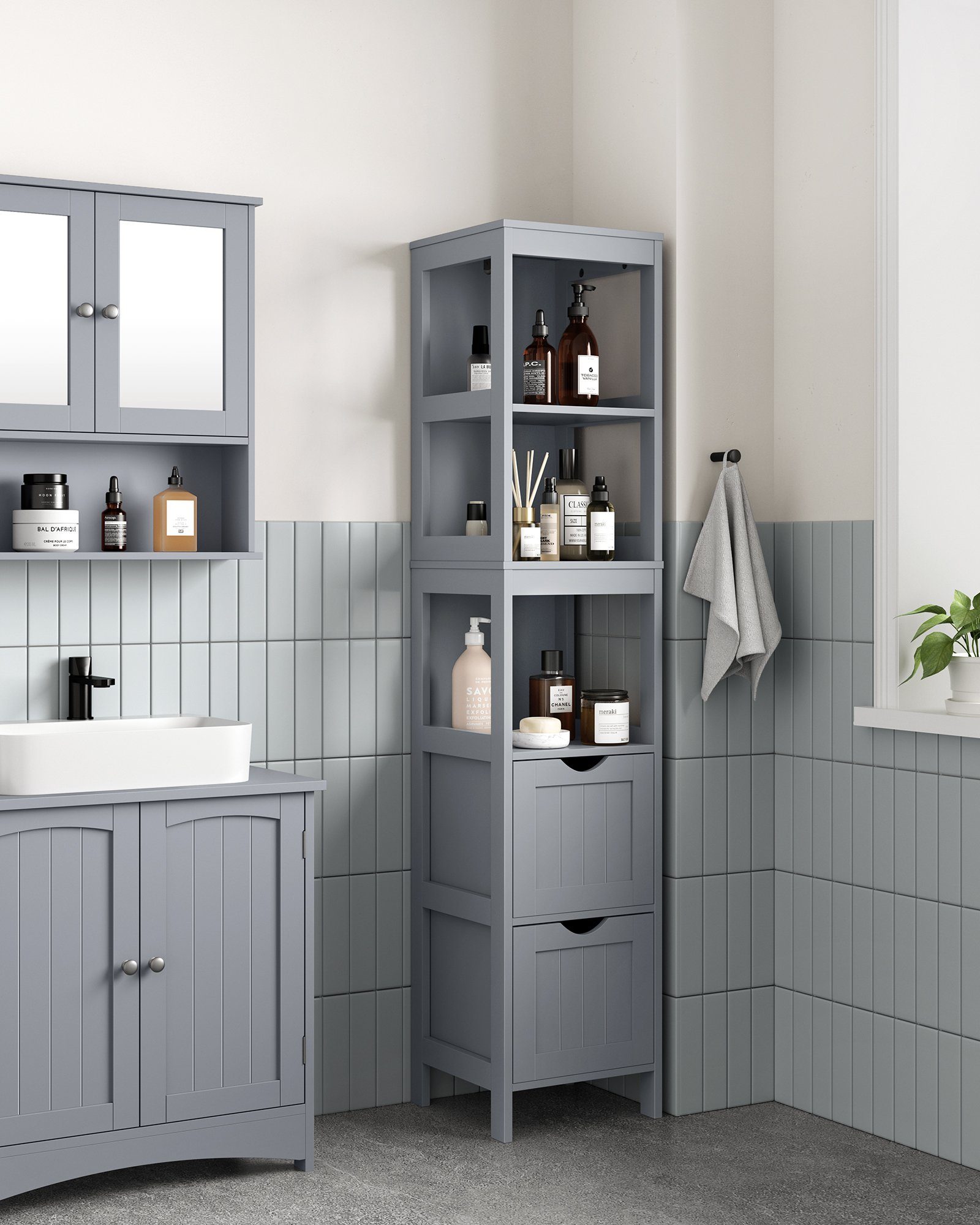 VASAGLE Badkommode Badezimmerschrank, für Badezimmer, Wohnzimmer, Küche, Nischenschrank, 2 Schubladen, 3 offene Fächer, 30 x 30 x 141,5 cm