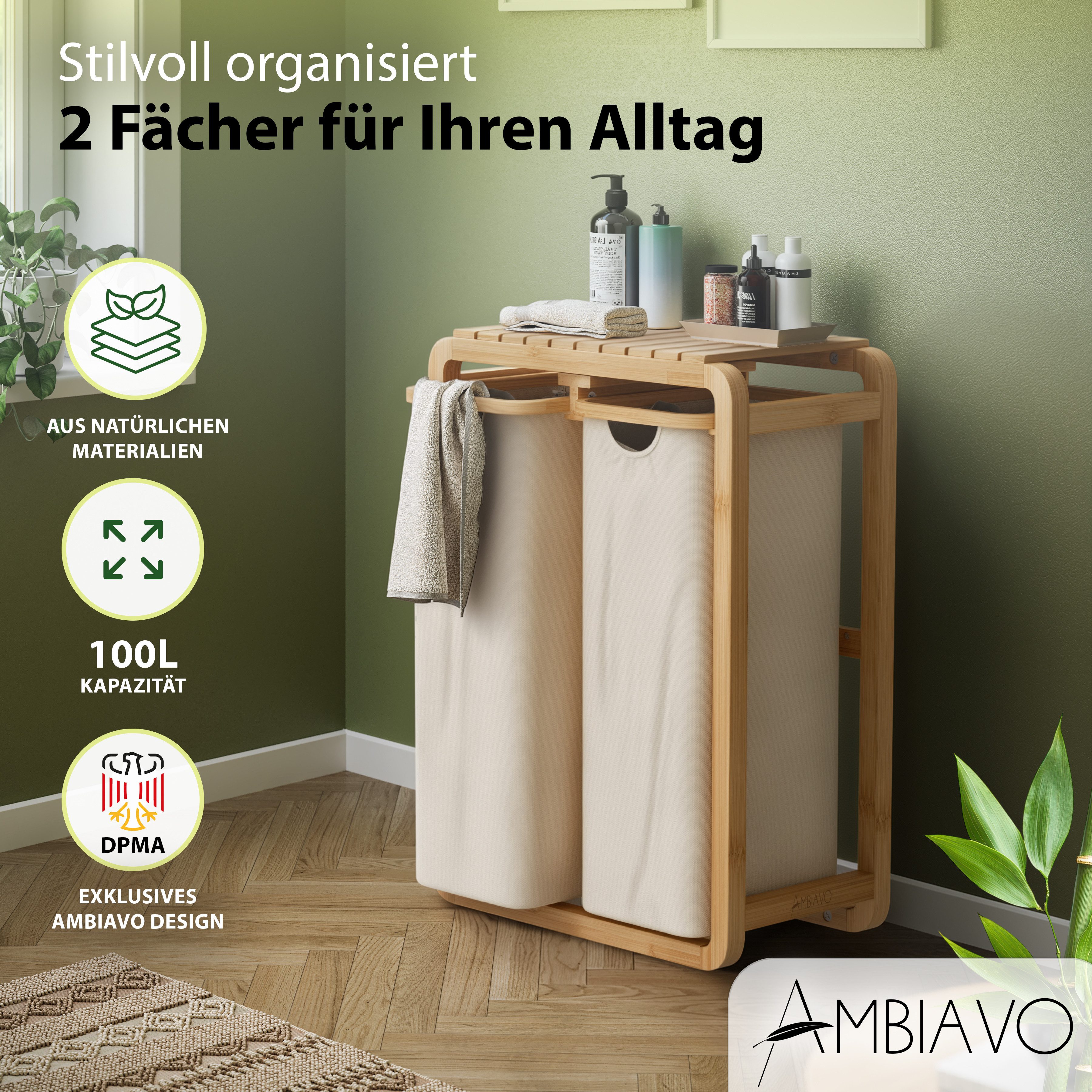 AMBIAVO Wäschekorb 2 Fächer mit waschbaren Baumwollsäcken, 100 L Volumen, stabiler 3x3 cm Bambusrahmen, innovatives Design