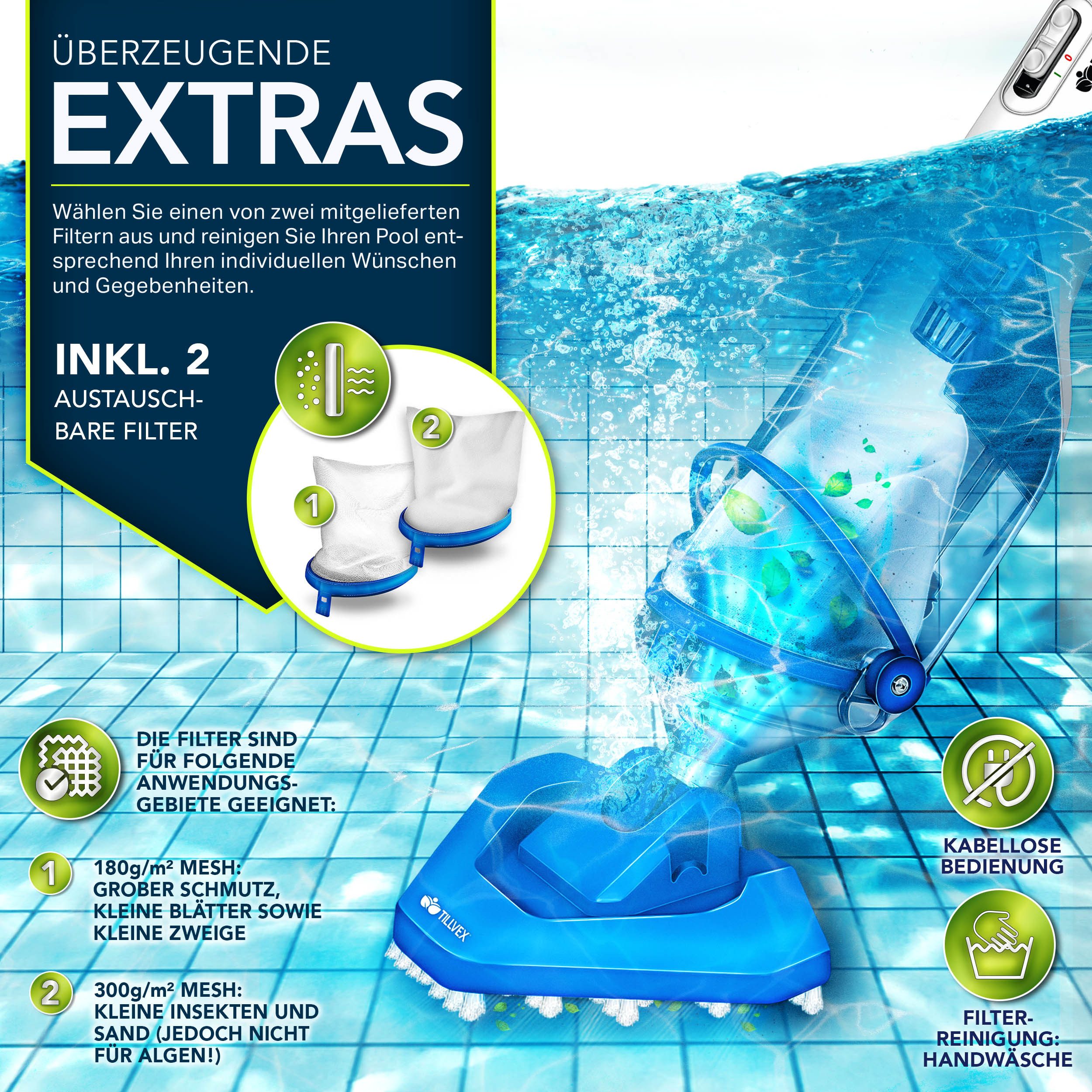 tillvex Poolbodensauger Poolsauger mit Akku & Teleskopstange + Ersatzfilter günstig online kaufen