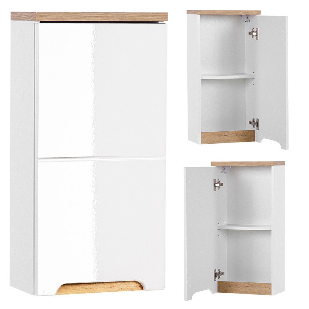 Lomadox Hängeschrank SOLNA-56 Badezimmer, Hochglanz weiß mit Wotaneiche, BxHxT ca. 35x70x20cm