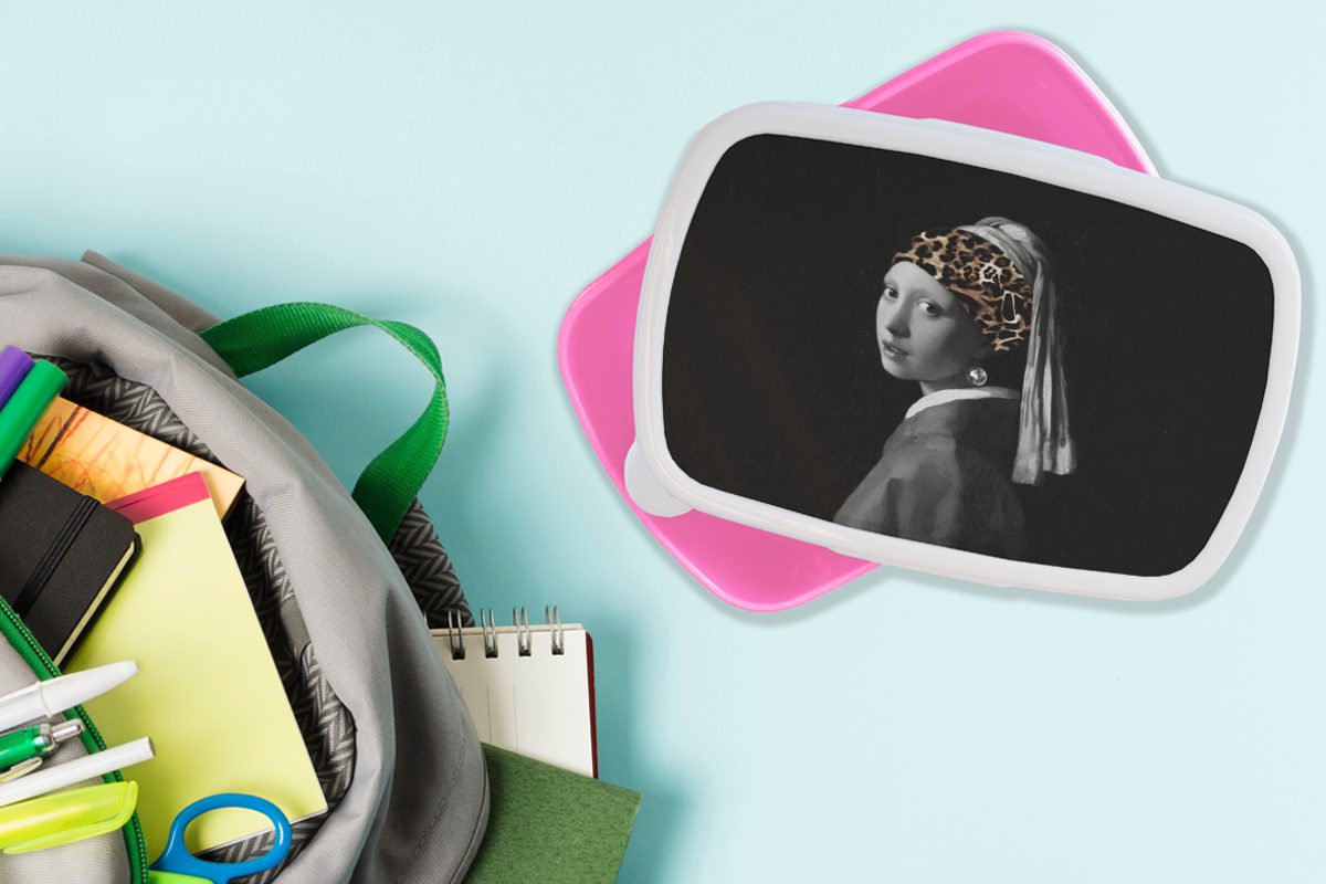 Stirnband - Kinder, Earring with - Lunchbox Brotbox Girl Brotdose für a Pearl Kunststoff (2-tlg), Snackbox, Mädchen, rosa MuchoWow Erwachsene, Pantherdruck, Kunststoff,