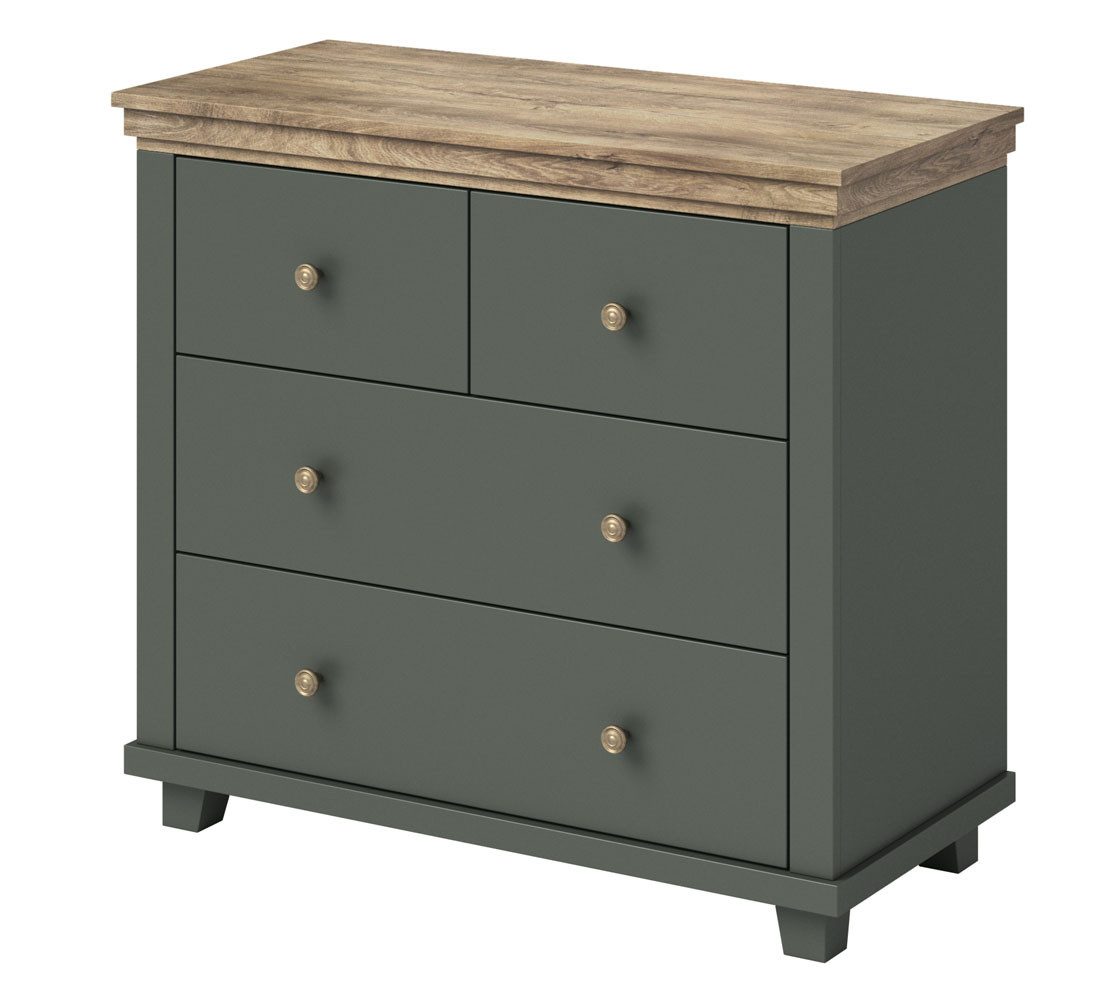 Helvetia Kommode Elda (mit Schubladen, 1 St., moderne Optik, mit Schubladen), 90x42x80,5cm grün / Eiche Lefkas mit 4 Schubladen