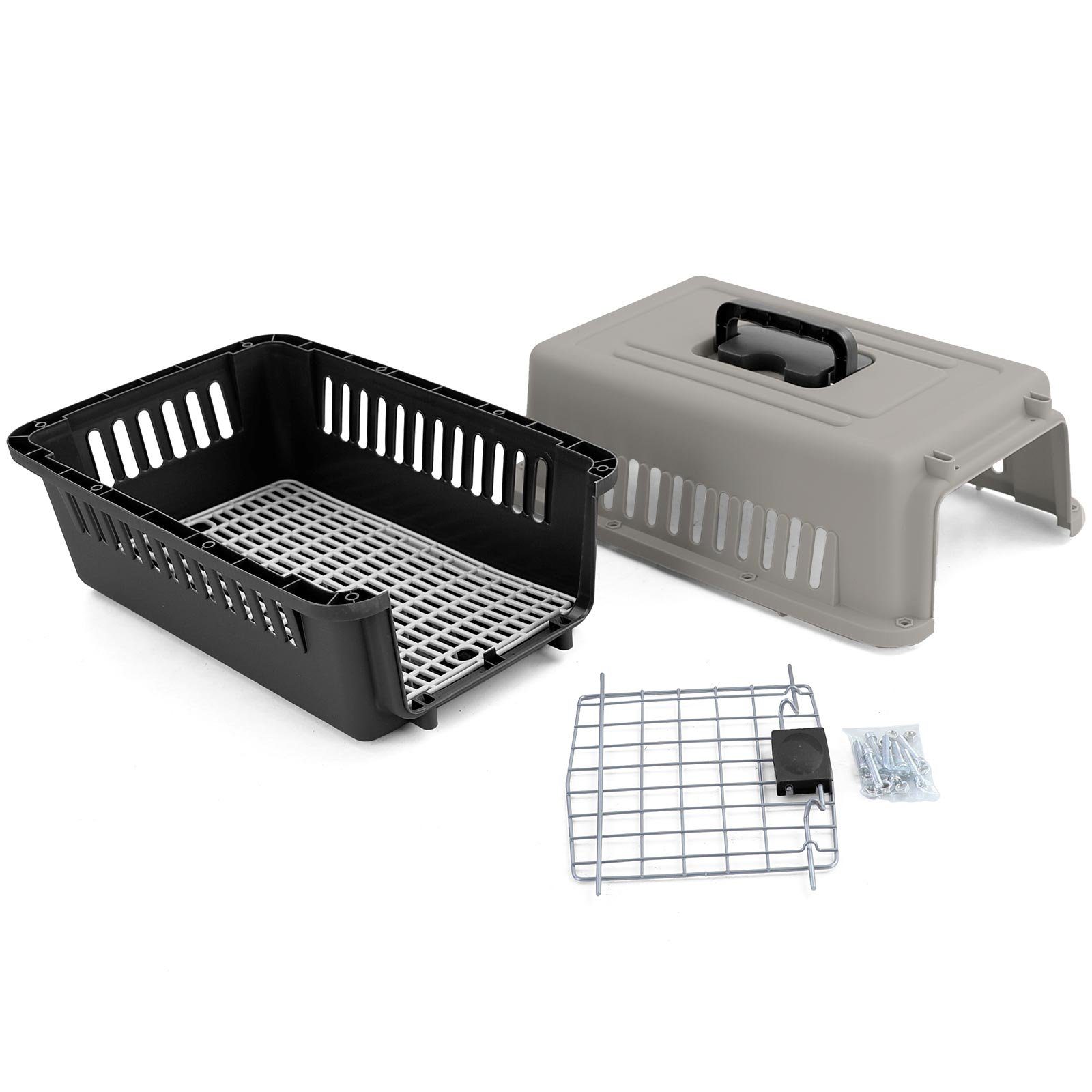 RAMROXX Tiertransportbox Transportbox mit Tür für Hund Katze usw. Grau Schwarz 30x48x31cm