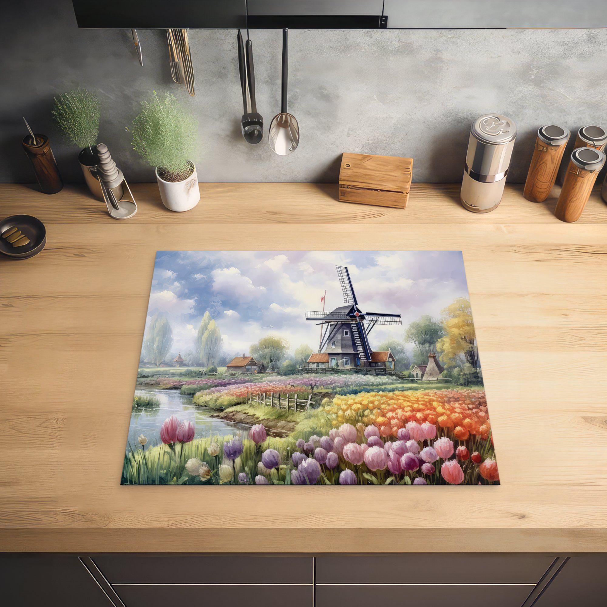 Landschaft Vinyl, tlg), Niederlande - 60x52 Ceranfeldabdeckung - - (1 - Arbeitsfläche Mobile nutzbar, Niederländisch, Herdblende-/Abdeckplatte Blumen Mühle cm, MuchoWow