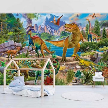 Bilderdepot24 Kindertapete Kinderzimmer T-Rex Parasaurolophus Kinder Wanddeko Bunt Berge, Glatt, Matt, (Inklusive Gratis-Kleister oder selbstklebend), Mädchenzimmer Jungenzimmer Babyzimmer Bildtapete Fototapete Wandtapete