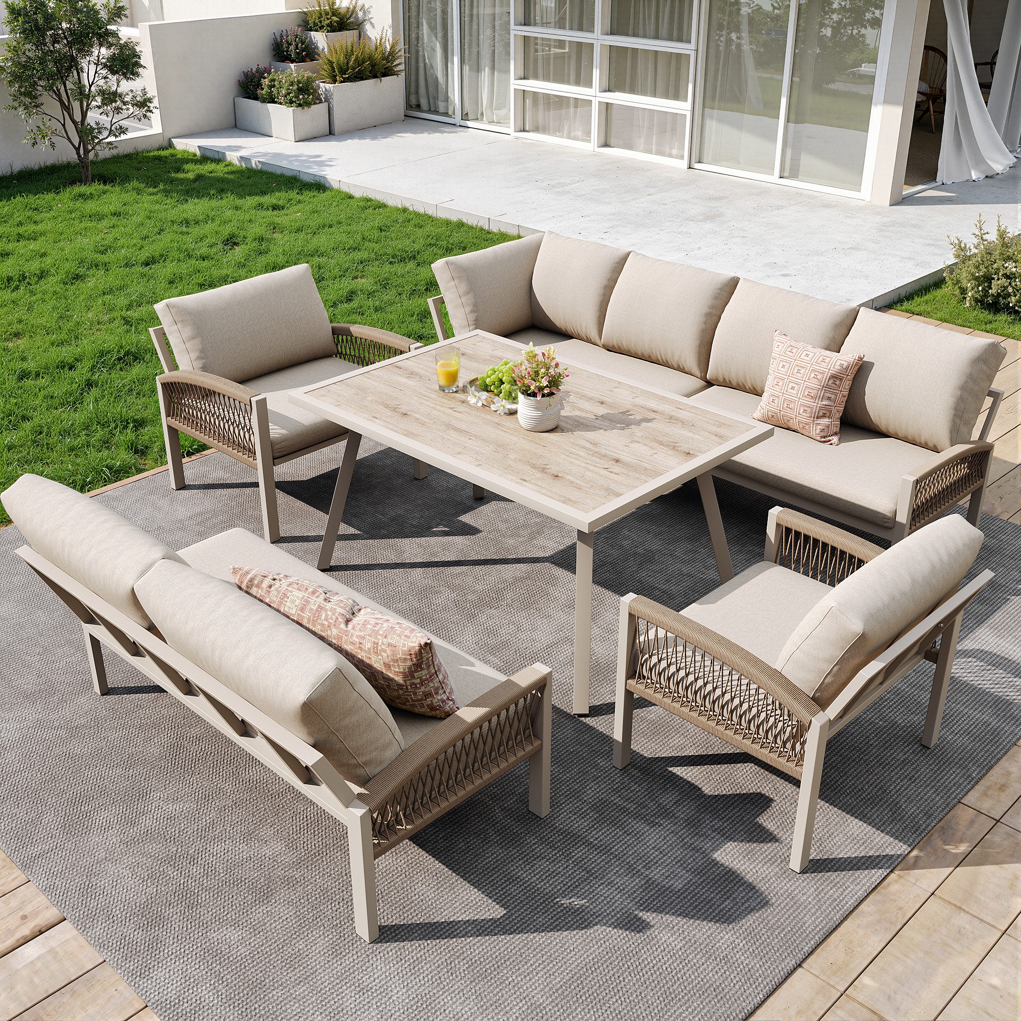OKWISH Gartenlounge-Set Gartenmöbelset,mit verzinktem Eisengestell, (für 8 Personen mit Seilwerk, für Garten, Balkon & Terrasse – Komfort & Langlebigkeit, 1-tlg), mit Relaxfunktion