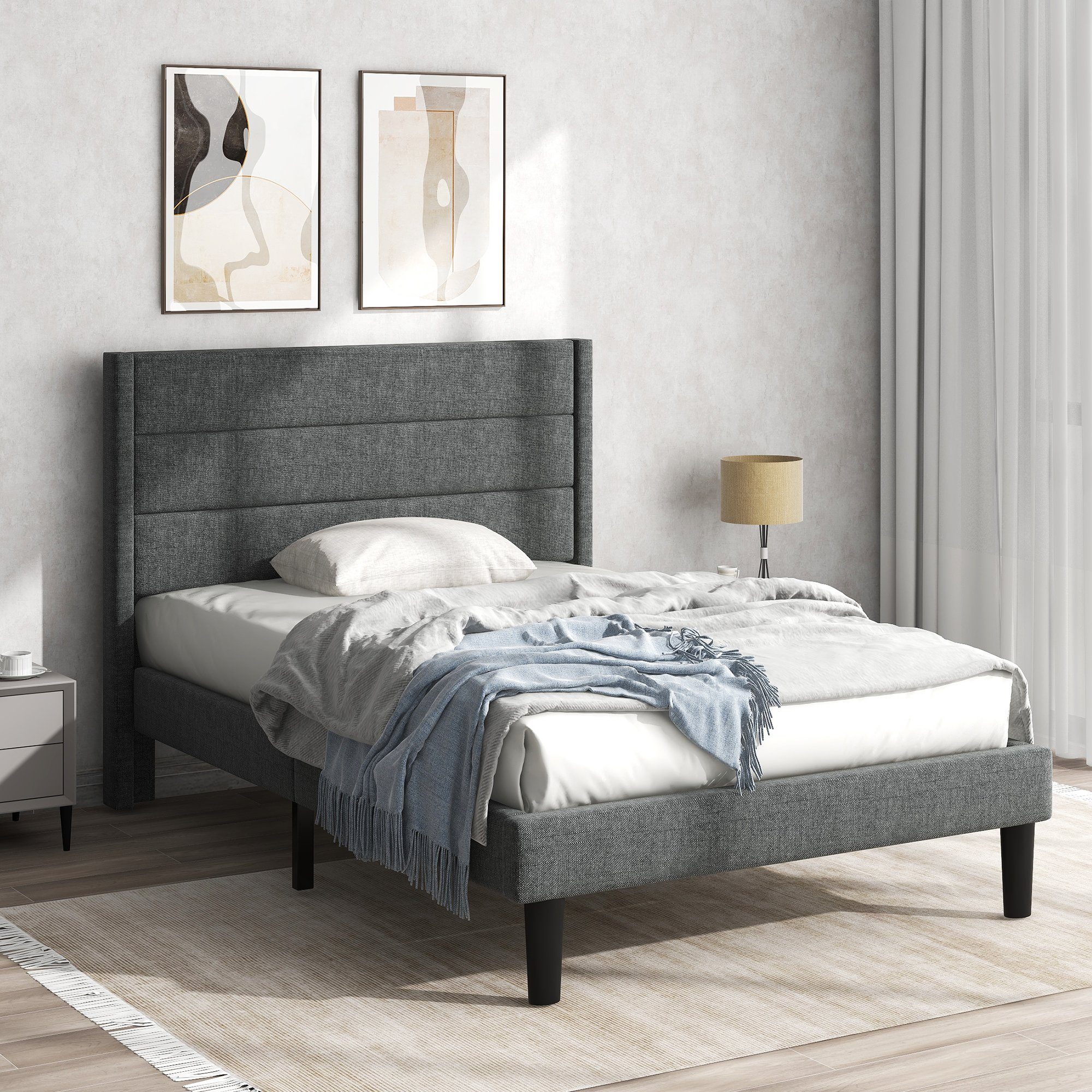 Polsterbett, 90 x 200 cm Einzelbett Jugendbett mit Lattenrost & Kopfteil, Leinen
