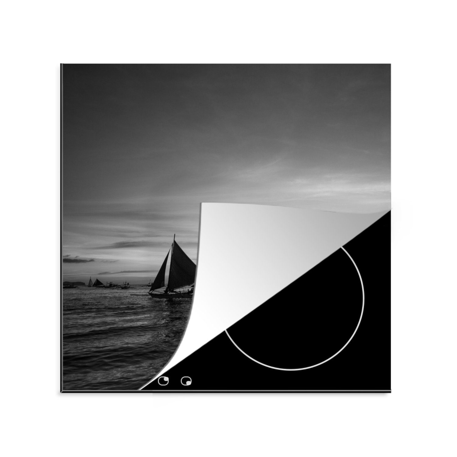 MuchoWow Herdblende-/Abdeckplatte Sonnenuntergang mit Segelbooten auf dem Wasser von Boracay - schwarz, Vinyl, (1 tlg), 78x78 cm, Ceranfeldabdeckung, Arbeitsplatte für küche