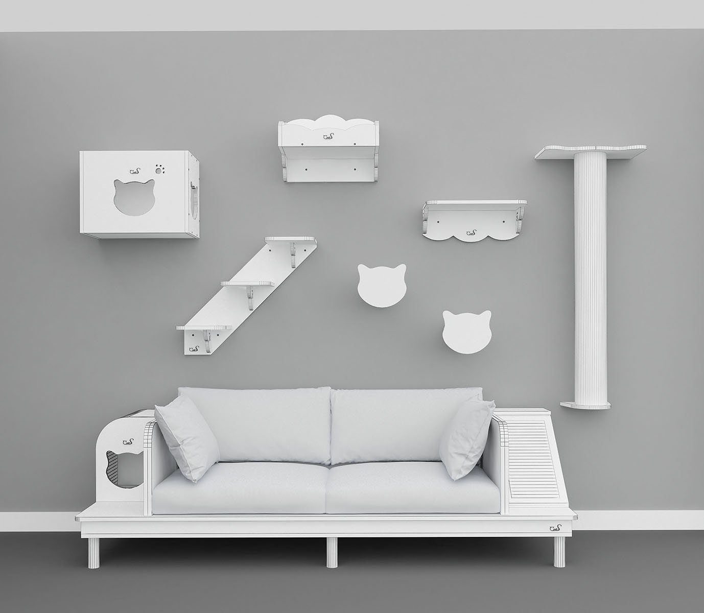 CatS Design Katzen-Wandregal CatS Design Katzen XXL Kletterwand 7 Teilig Set K2, hochwertig solider holz Designmöbel-Extreme starke Konstruktion