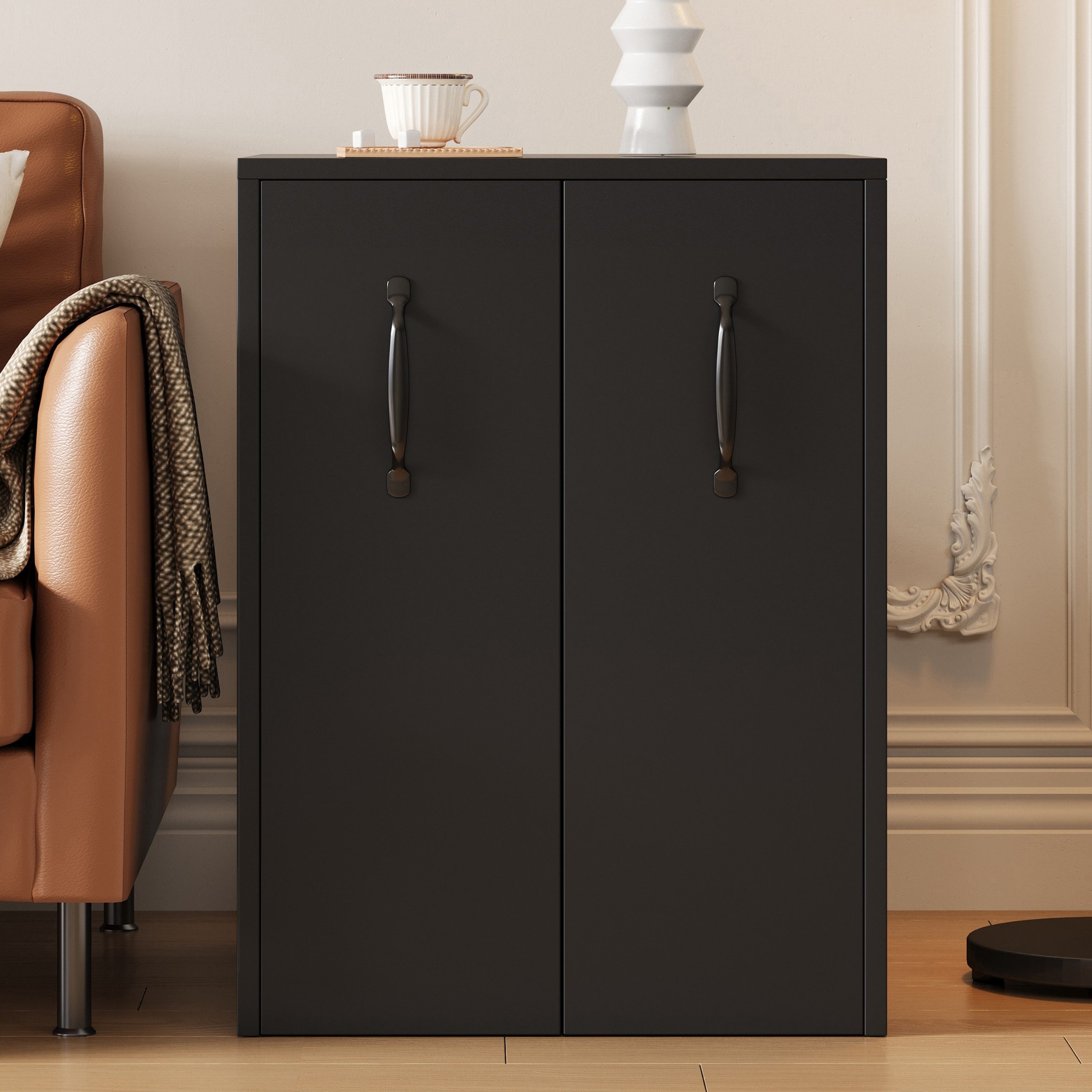 Flieks Bücherregal mit Rollen und 2 Schubladen Weiß/Schwarz, B52/T50/H75 cm 1-tlg., Mehrzweckschrank mit 6 Fächern Büroschrank Holzschrank Beistellschrank