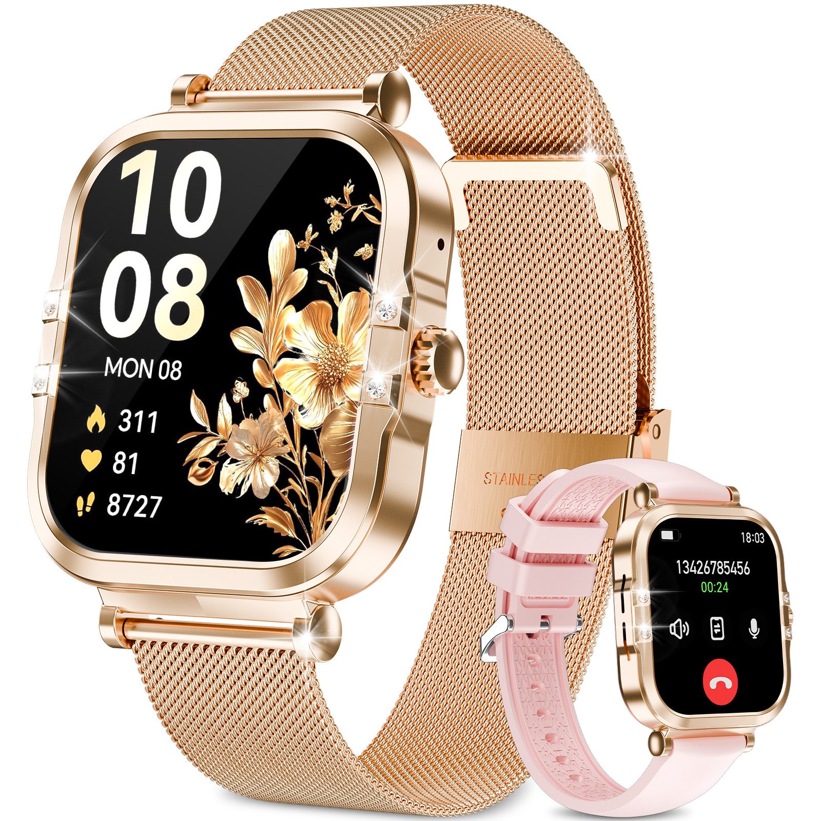 Yuede 2025 Neue AMOLED SmartWatch Damen,1,75" Fitnessuhr mit Telefonfunktion Smartwatch (Zwei Armbänder, Full Touch Square Fine Sportuhr Damen cm/1,75 Zoll) Mit Menstruationszyklus, Schrittzähler, Blutdruckmessung, Herzfrequenzmonitor, Oximetrie Monitor, Schlafmonitor, SOS, Wettervorhersage, IP67 Wasserdicht Fitness Tracker Damen, Verfügbar für Android 4.4+ / iOS 10.0+.