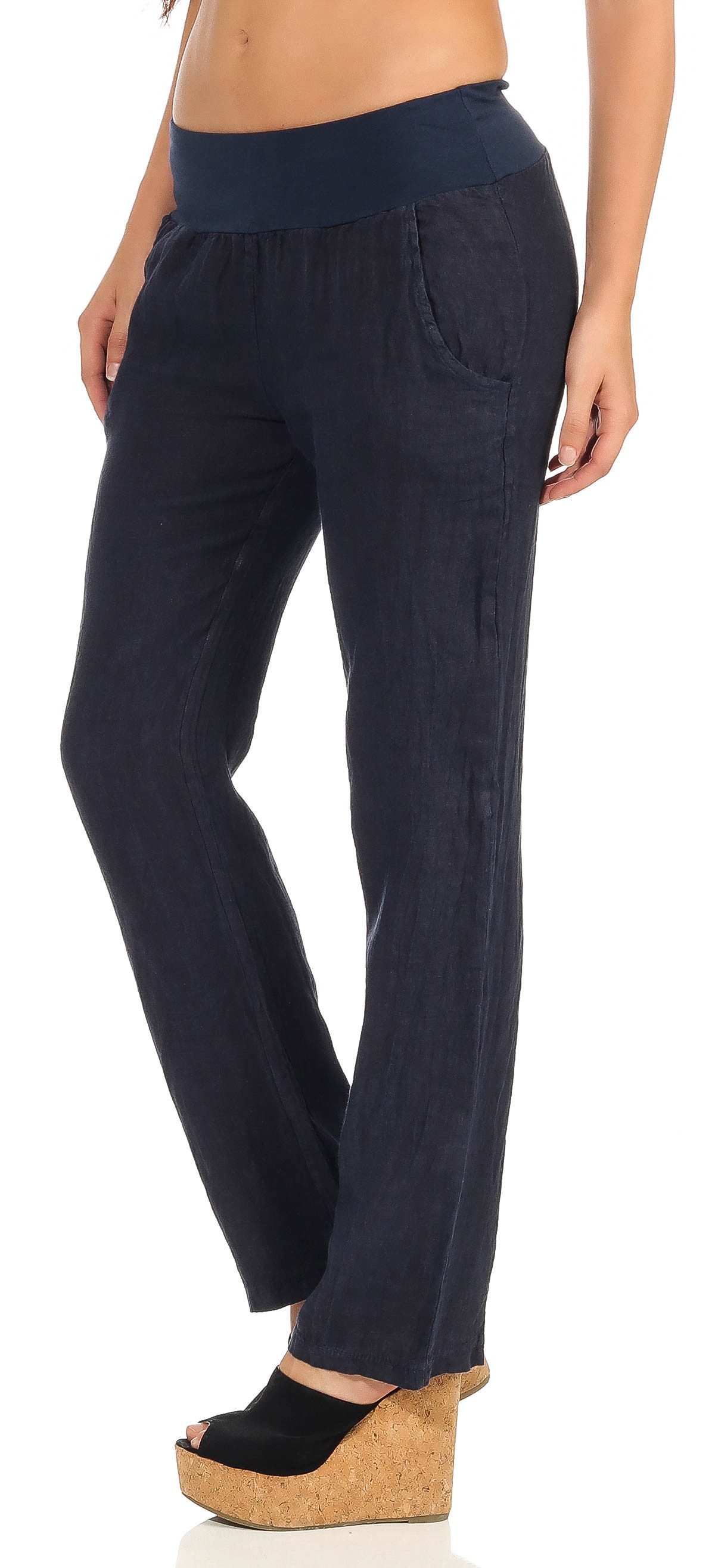 malito more than fashion Leinenhose malito Damen Hose aus Leinen, Stoffhose in Uni Farben, Freizeithose leichte Stoffhose mit elastischem Bund